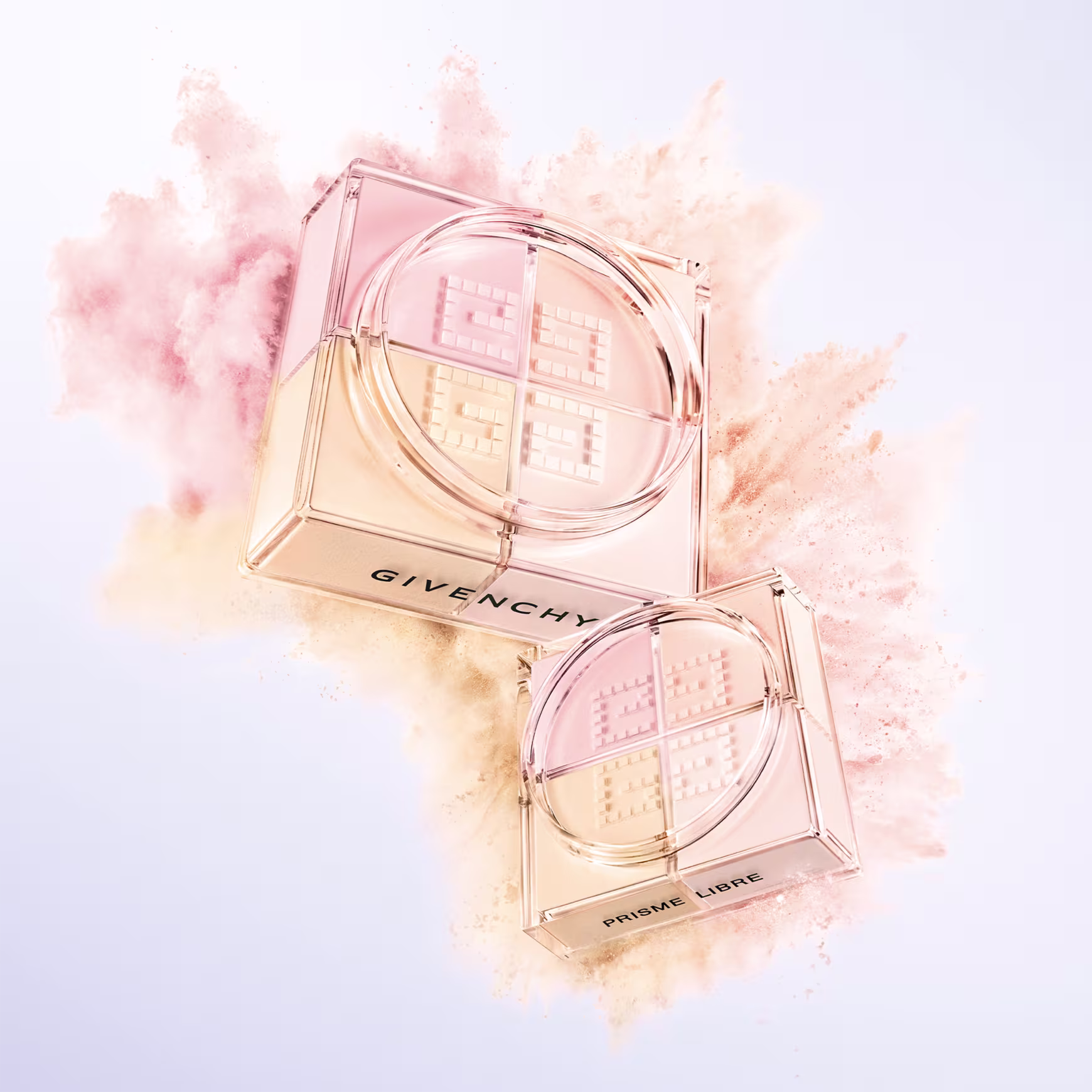 A imagem mostra as duas embalagens do pó solto e ao redor tem uma explosão das cores do pó, representando o poder e arte de givenchy.