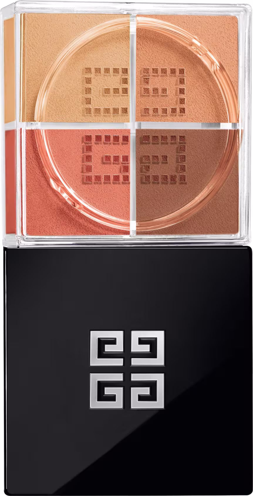 A imagem mostra o pó solto de Givenchy. É uma caixa preta elegante, com o logotipo da marca em relevo na tampa superior. A caixa é retangular e possui uma base transparente de acrílico que permite ver as cores quentes.