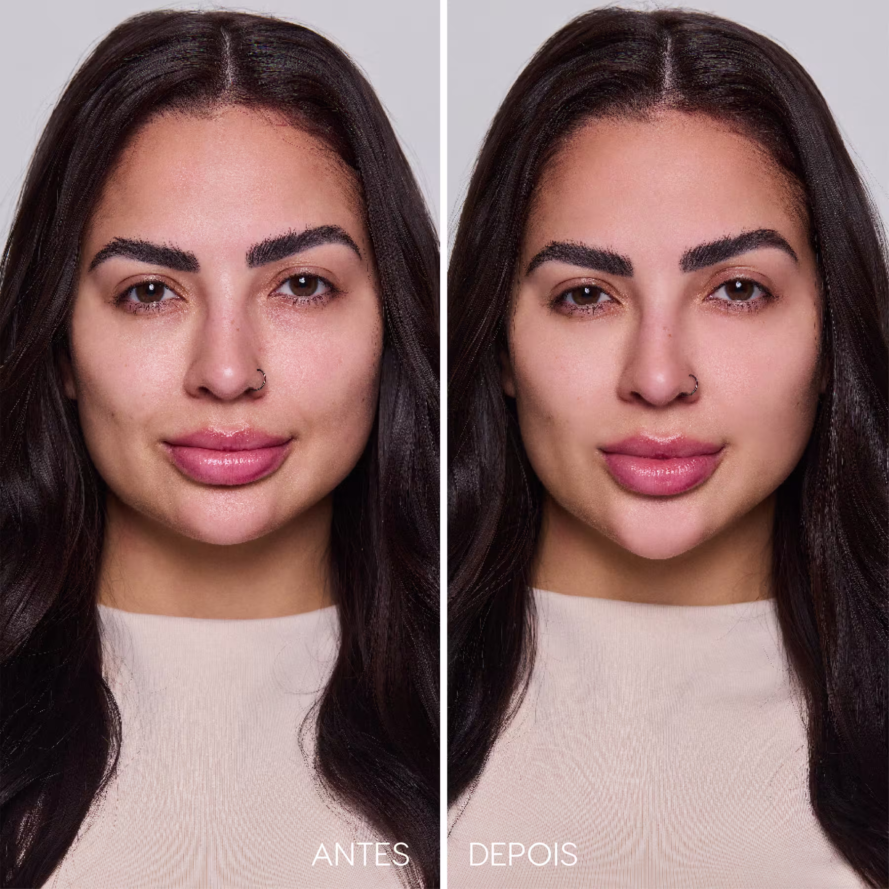 A imagem mostra um antes e depois de uma técnica de maquiagem em um modelo de pele branca. Na foto de Antes, vemos o rosto natural, com sua pele mais brilhosa. Na foto Depois, o mesmo rosto aparece com aspecto mais suave e matificado.