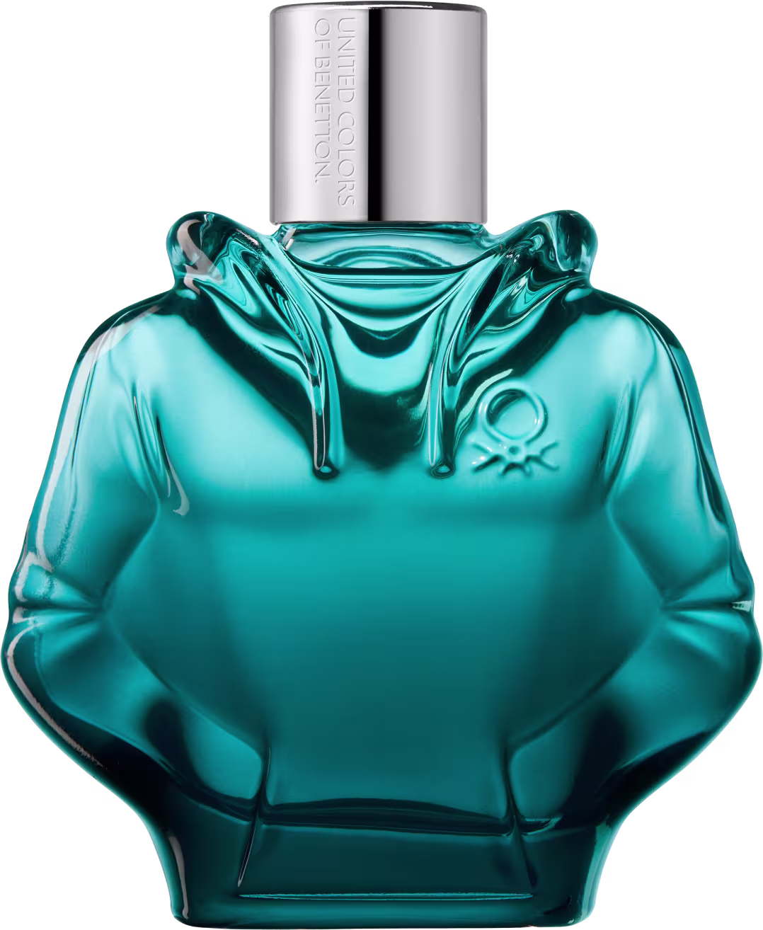 Perfume em frasco de vidro verde translúcido com formato de moletom. A tampa é prateada com o logotipo "United Colors of Benetton" gravado.