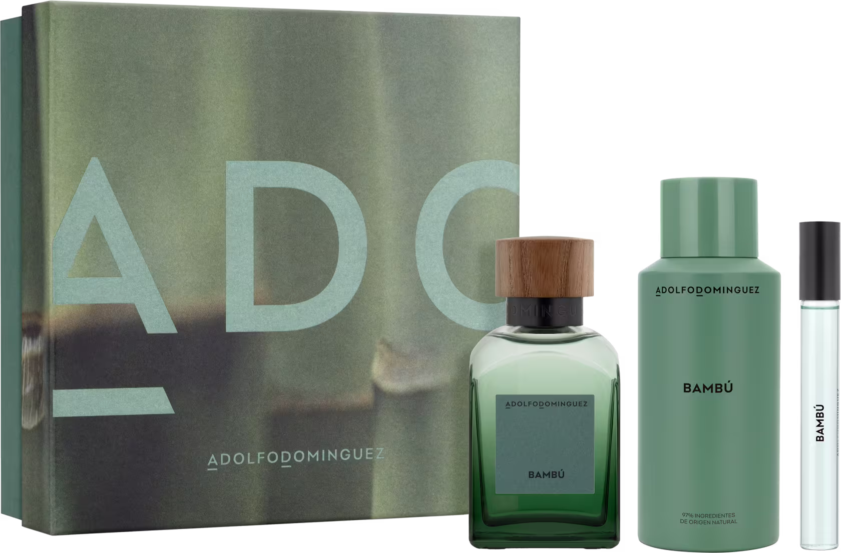 Produtos lado a lado, com caixa quadrada branca e imagem detalhada de bambu e nome da marca em branco. Frascos de perfumes, com tampa de madeira e outro preto, vidro degradê transparente e verde. Desodorante em embalagem verde e escritos pretos.