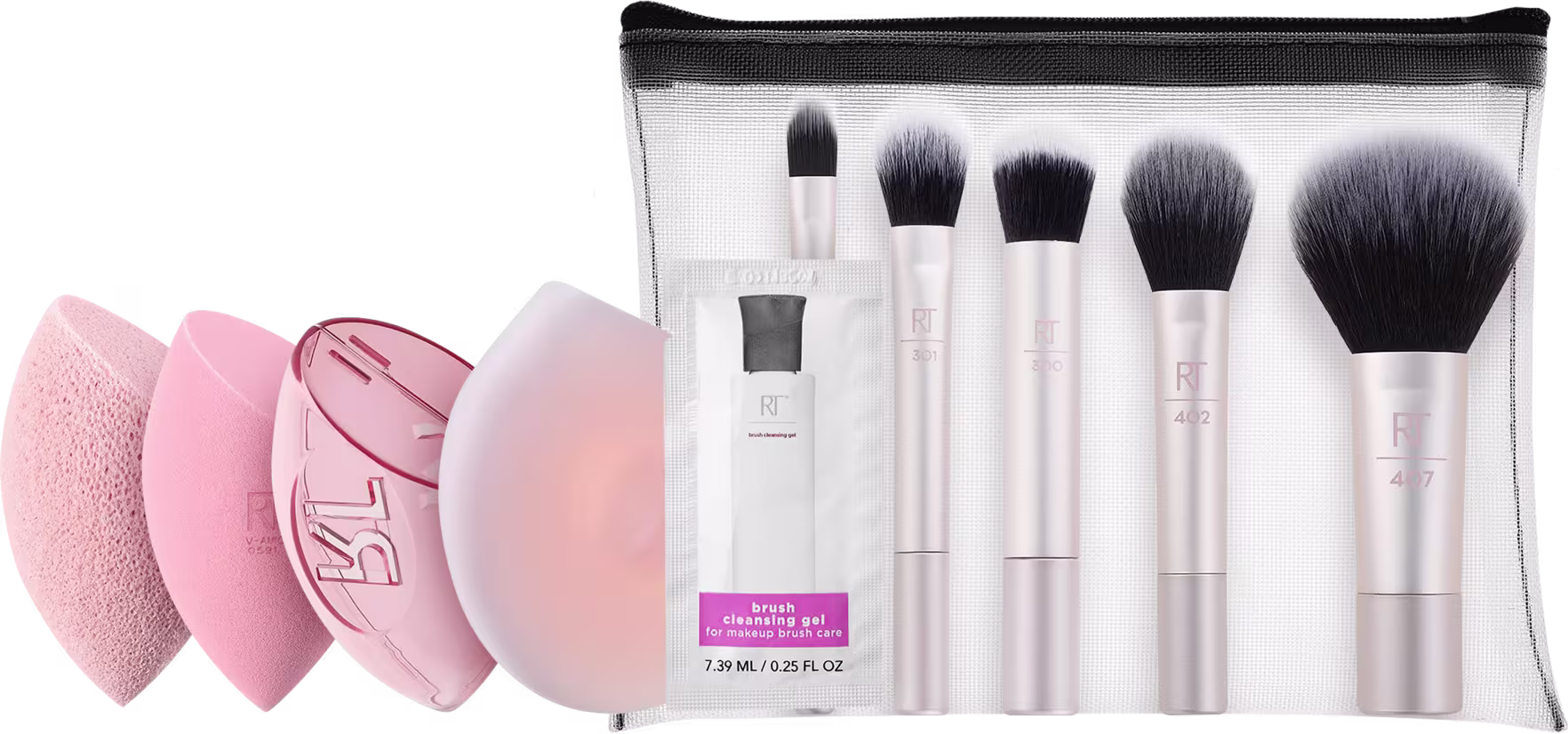 A imagem mostra, em um fundo branco, duas esponjas de maquiagem em formato gota, rosadas, uma case para esponja, uma esponja para aplicação de máscara facial, 5 pincéis de maquiagem dentro de um estojo transparente e na lateral esquerda do estojo um sachê