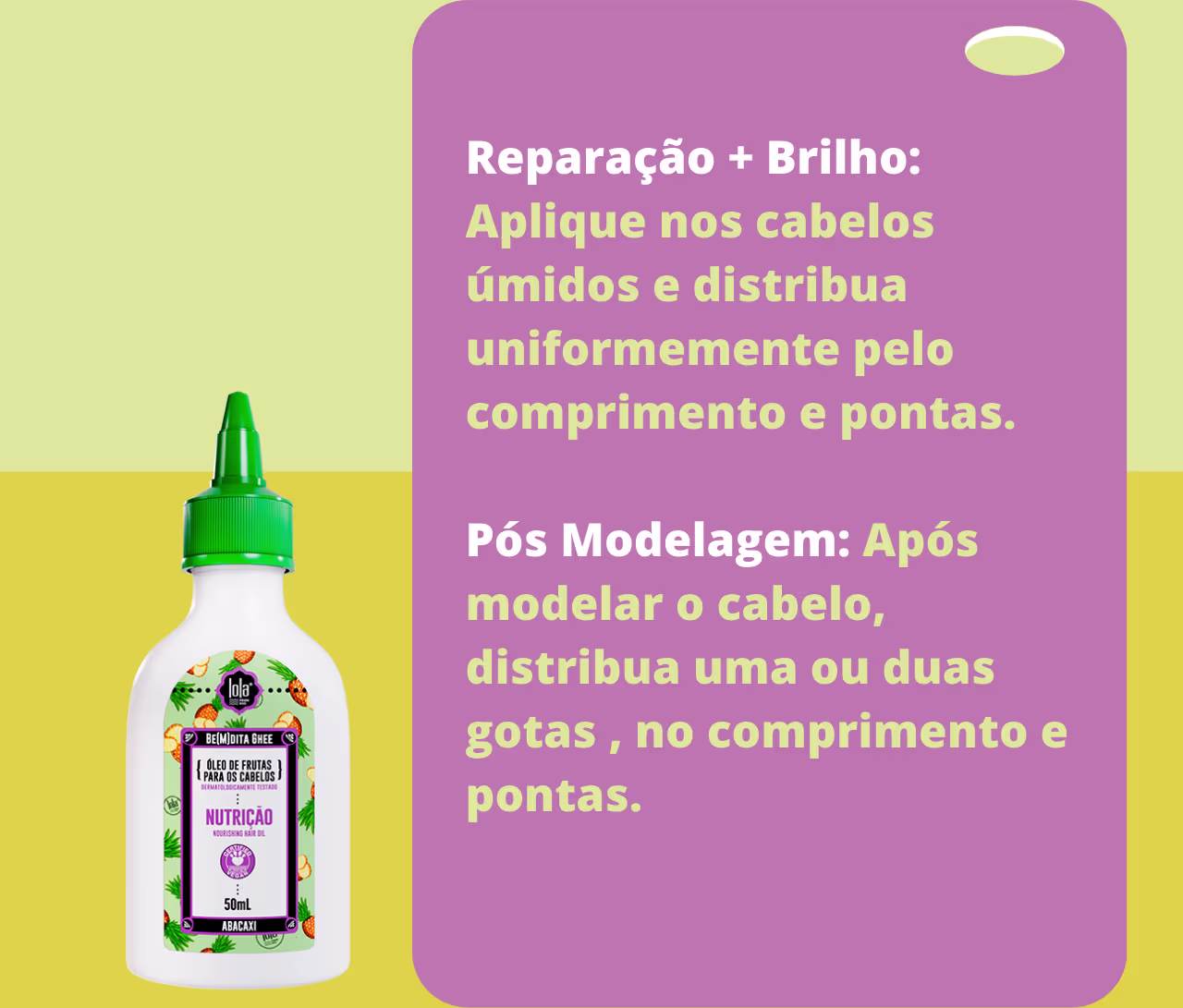 A imagem mostra o produto do lado esquerdo e, num fundo com dois tons de amarelo e, ao lado, um fundo lilás com informações sobre o produto escrito em amarelo.