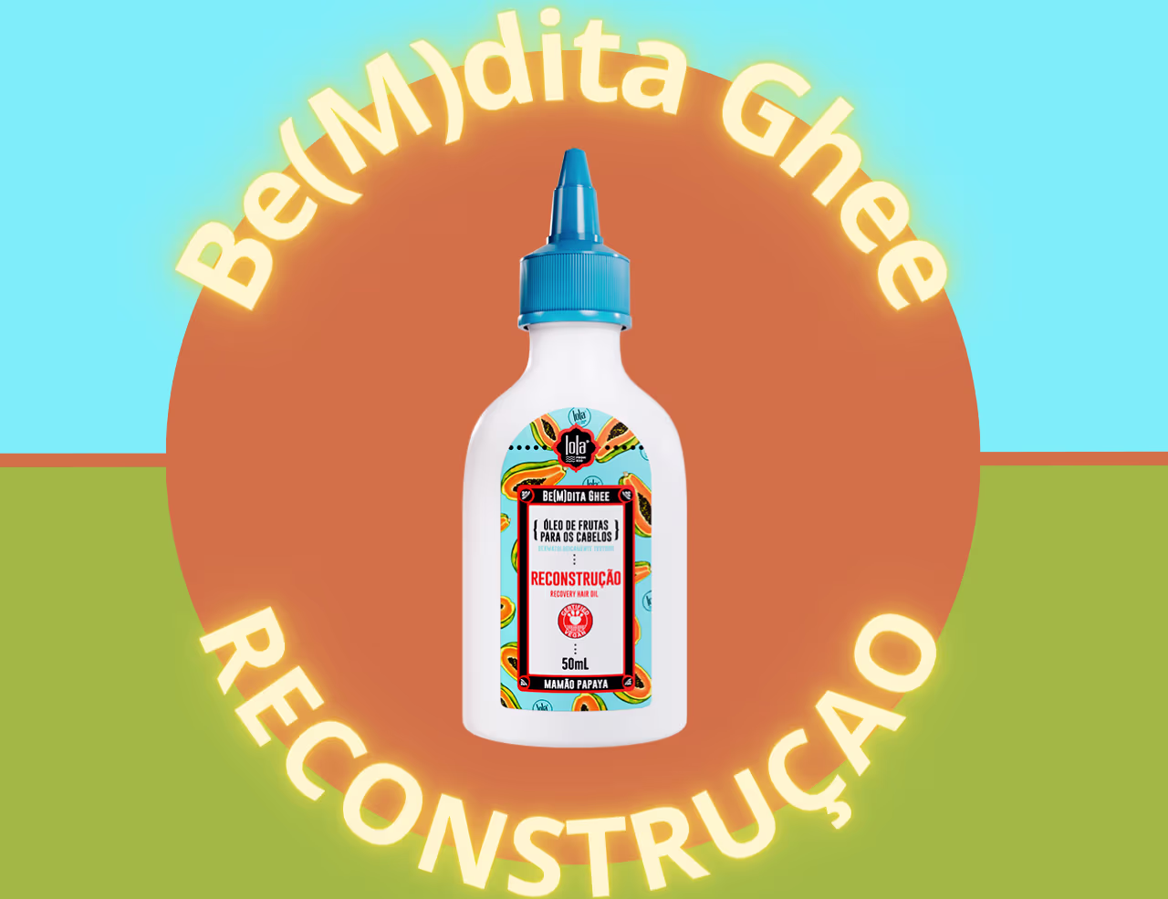 A imagem mostra um fundo separado por uma linha laranja, com duas cores, azul e verde. No centro, um círculo laranja com o produto no meio e, em volta o nome da linha e a palavra reconstrução.