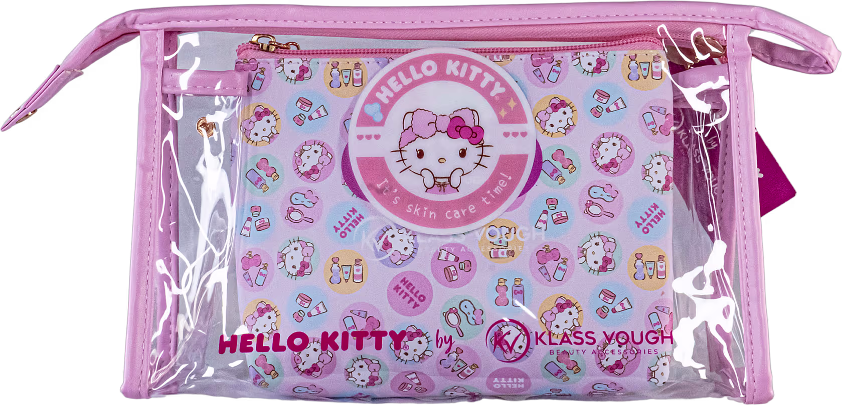 A imagem mostra um nécessaire de plástico transparente com detalhes rosa, em formato retangular com um rótulo arredondado da Hello Kitty no centro. Na parte de dentro é possível ver uma bolsinha menor, com estampa colorida do mesmo tema.