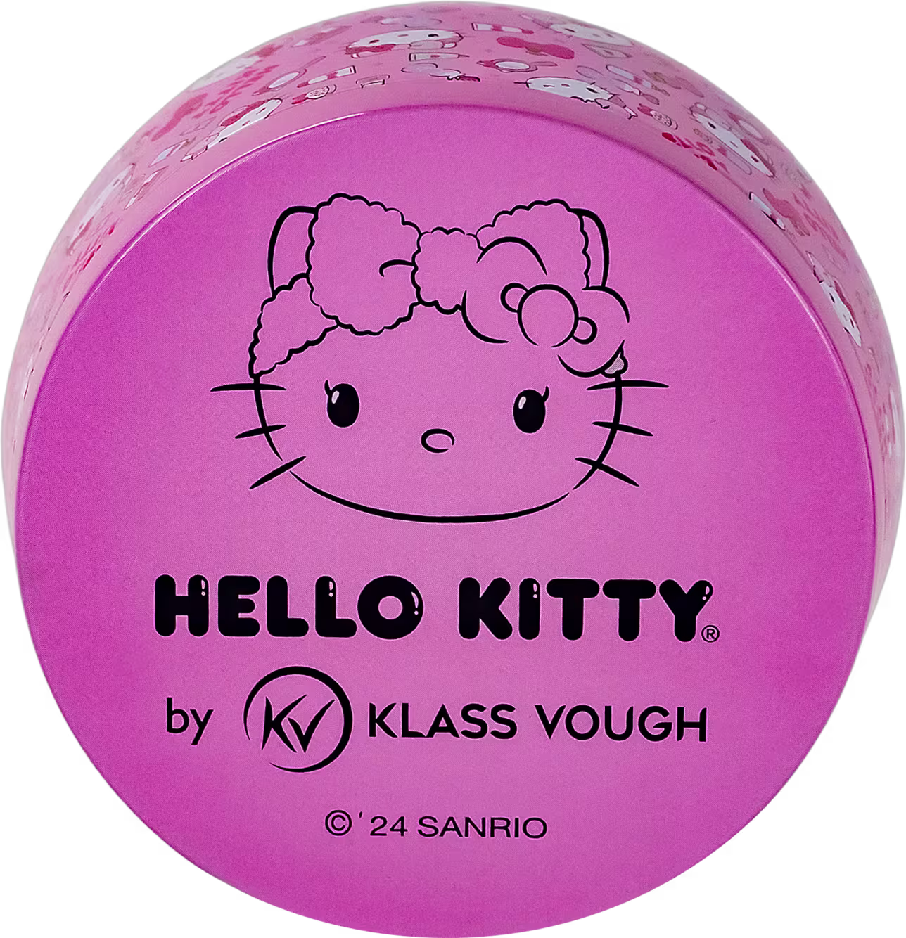 A imagem mostra a parte de cima da tampa da embalagem. Ela possui cor rosa e tem um desenho do rosto da Hello Kitty.