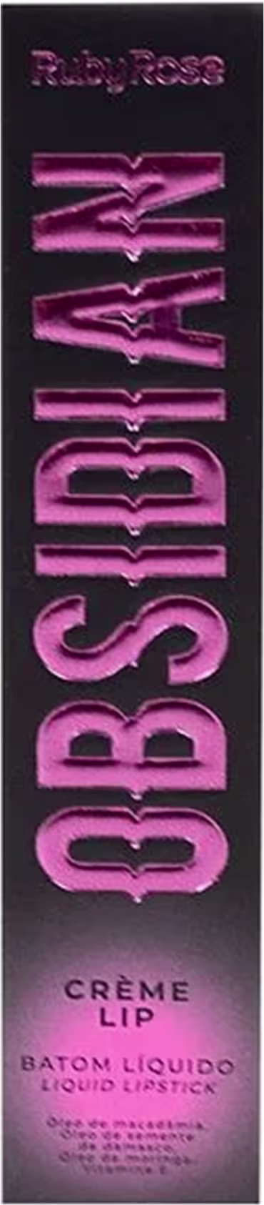 Embalagem retangular preta com o nome "Ruby Rose" e "Creme Lip" em letras grandes e rosa metálico. O texto "batom líquido" aparece em letras menores na parte inferior.
