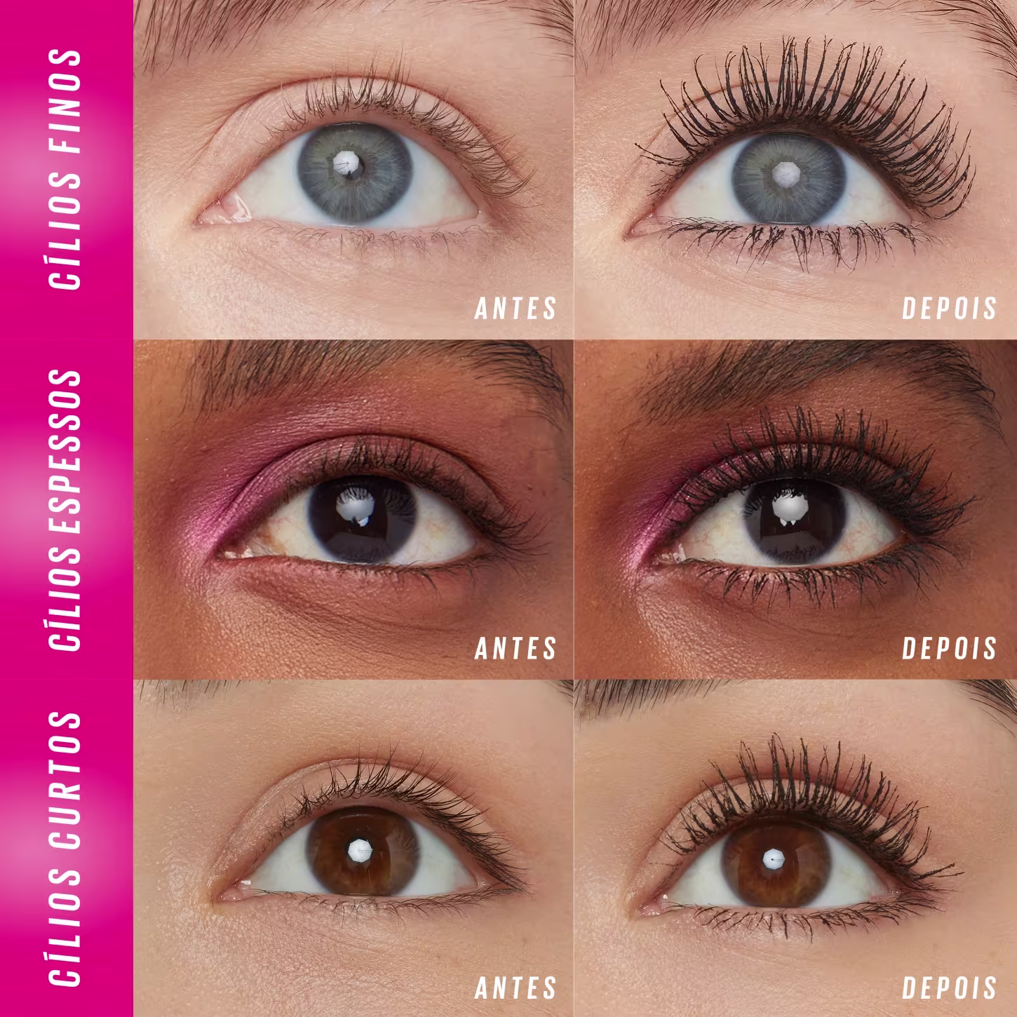 O produto é apresentado em 3 variações de cores de olhos - azul, castanho escuro e castanho claro. Para cada, há 2 fotos lado a lado, uma mostrando os cílios naturais antes da aplicação, e outra após a aplicação dos cílios postiços alongados e volumosos.