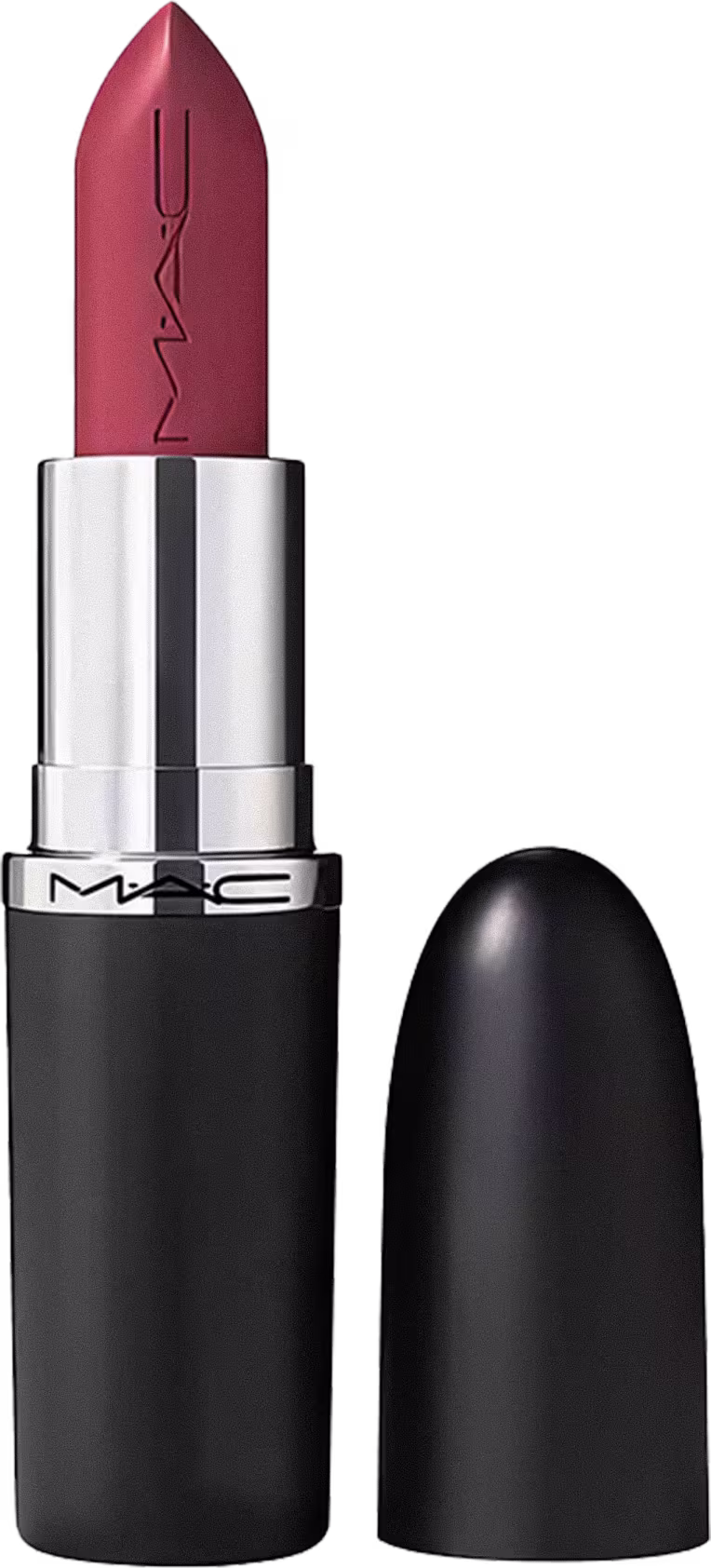 A imagem mostra um batom tipo bala, rosa, com a tampa ao lado. A embalagem é preta e prata com o logo da marca em preto.