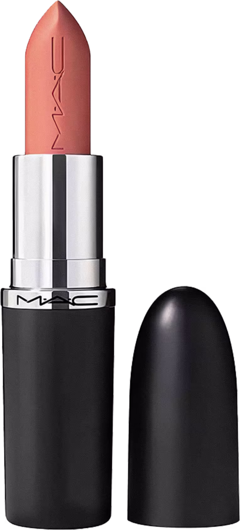 A imagem mostra um batom tipo bala, nude, com a tampa ao lado. A embalagem é preta e prata com o logo da marca em preto.