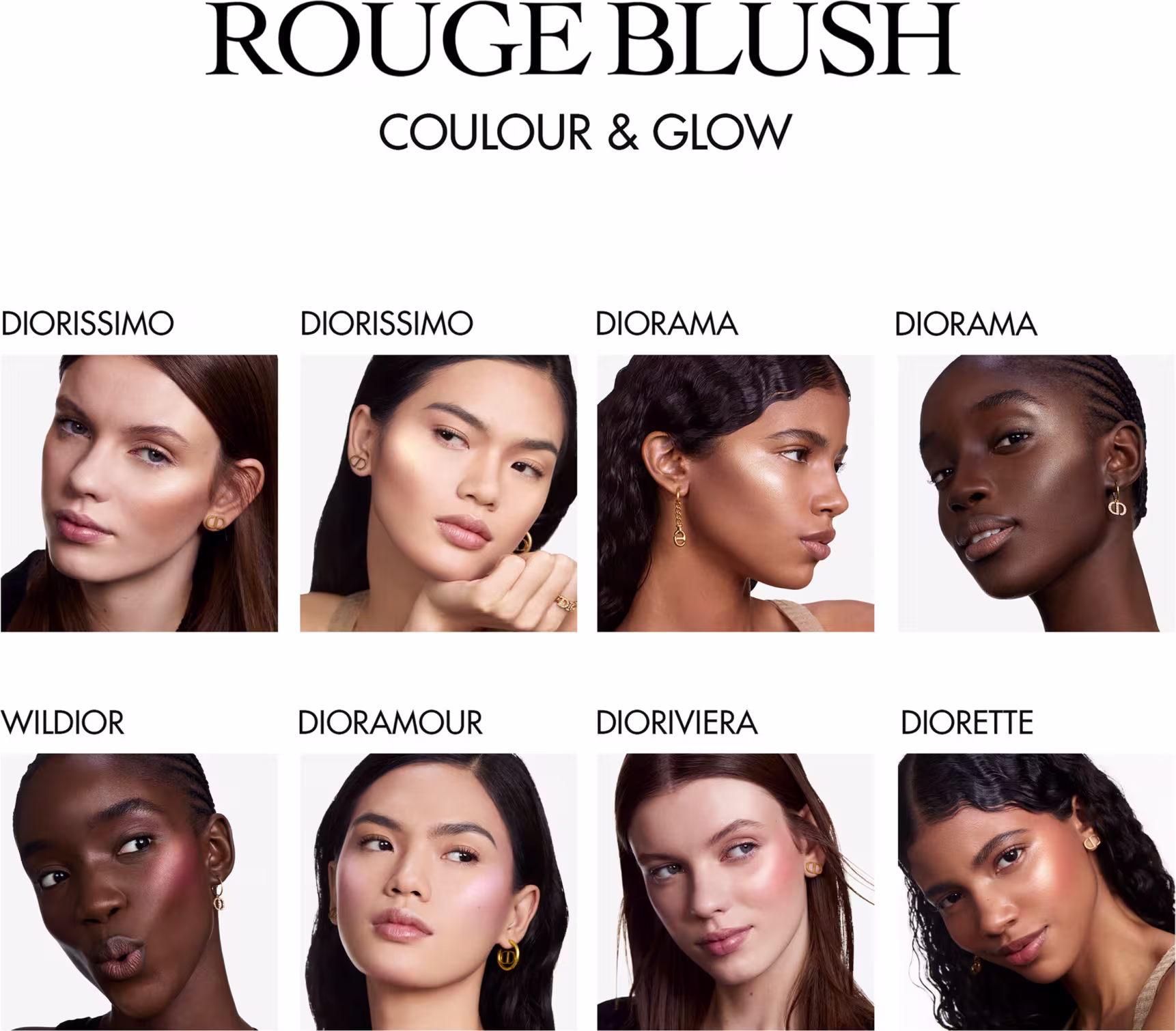 Esta é uma imagem promocional de produtos de maquiagem da linha Rouge Blush da Dior, intitulada "Coulour & Glow". Apresenta oito diferentes tons de blush em formato de batons ou pós compactos, cada um com um nome distinto.