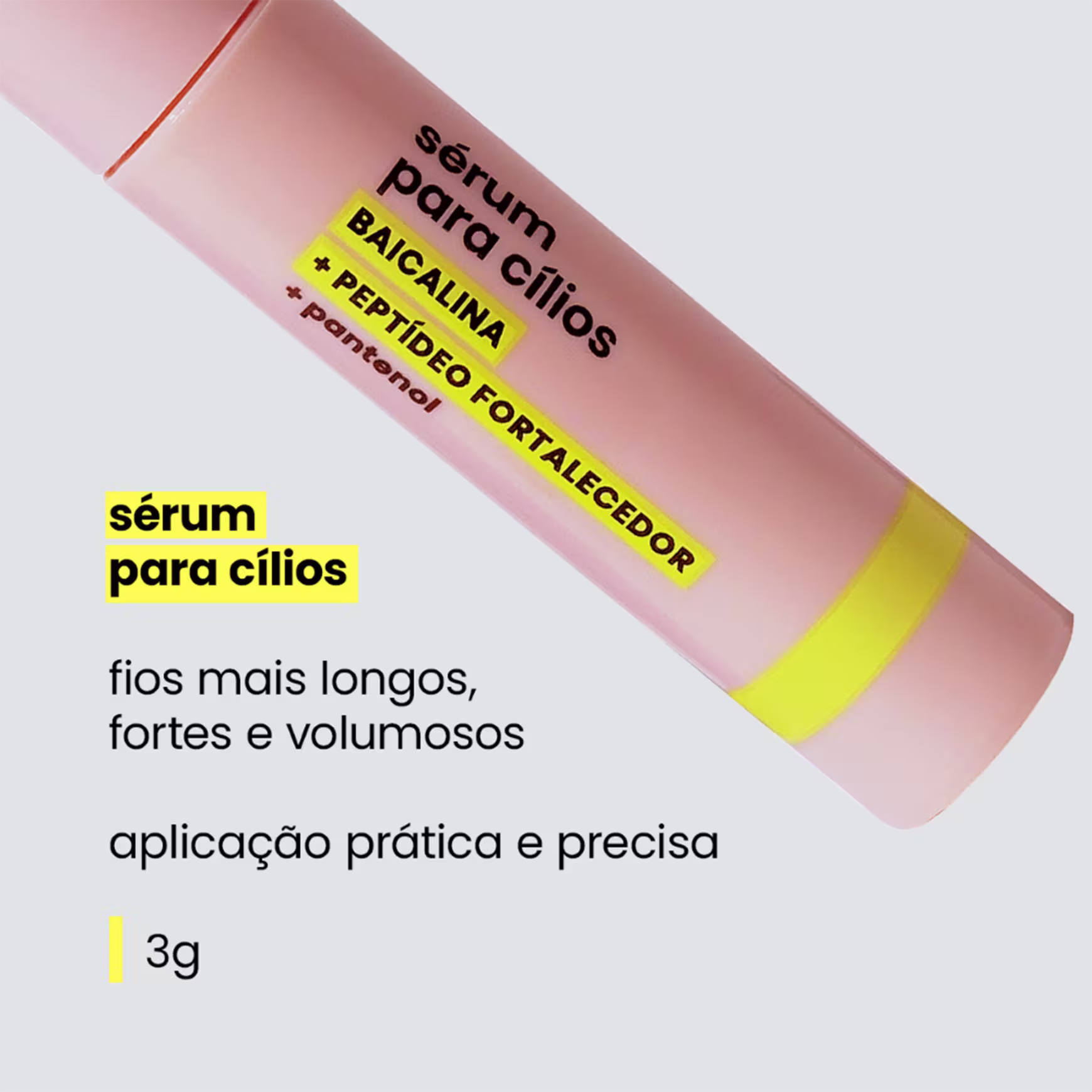 Sérum para cílios da marca Sérum. Embalagem cilíndrica rosa com detalhes em amarelo. Texto em português indicando que é um sérum fortificante para deixar os cílios mais longos, fortes e volumosos.