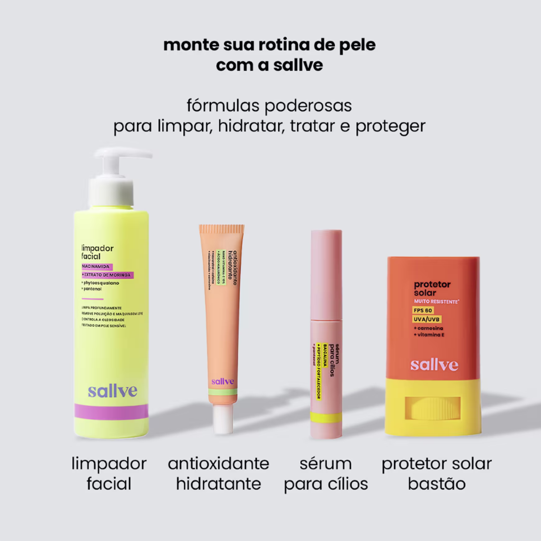 Quatro produtos de cuidados com a pele da marca Sallve.