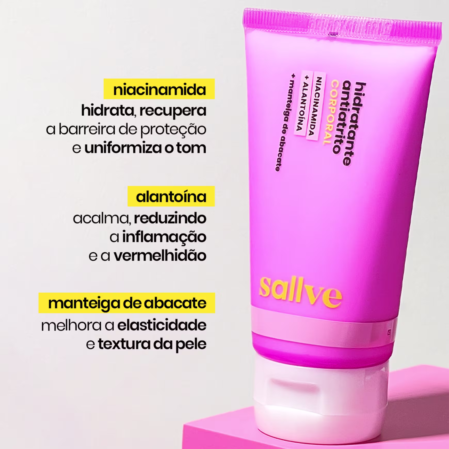 Destaca principais ingredientes e benefícios: niacinamida para hidratação e uniformização do tom, alantoína para acalmar e reduzir inflamação, e manteiga de abacate para melhorar a elasticidade e textura da pele.