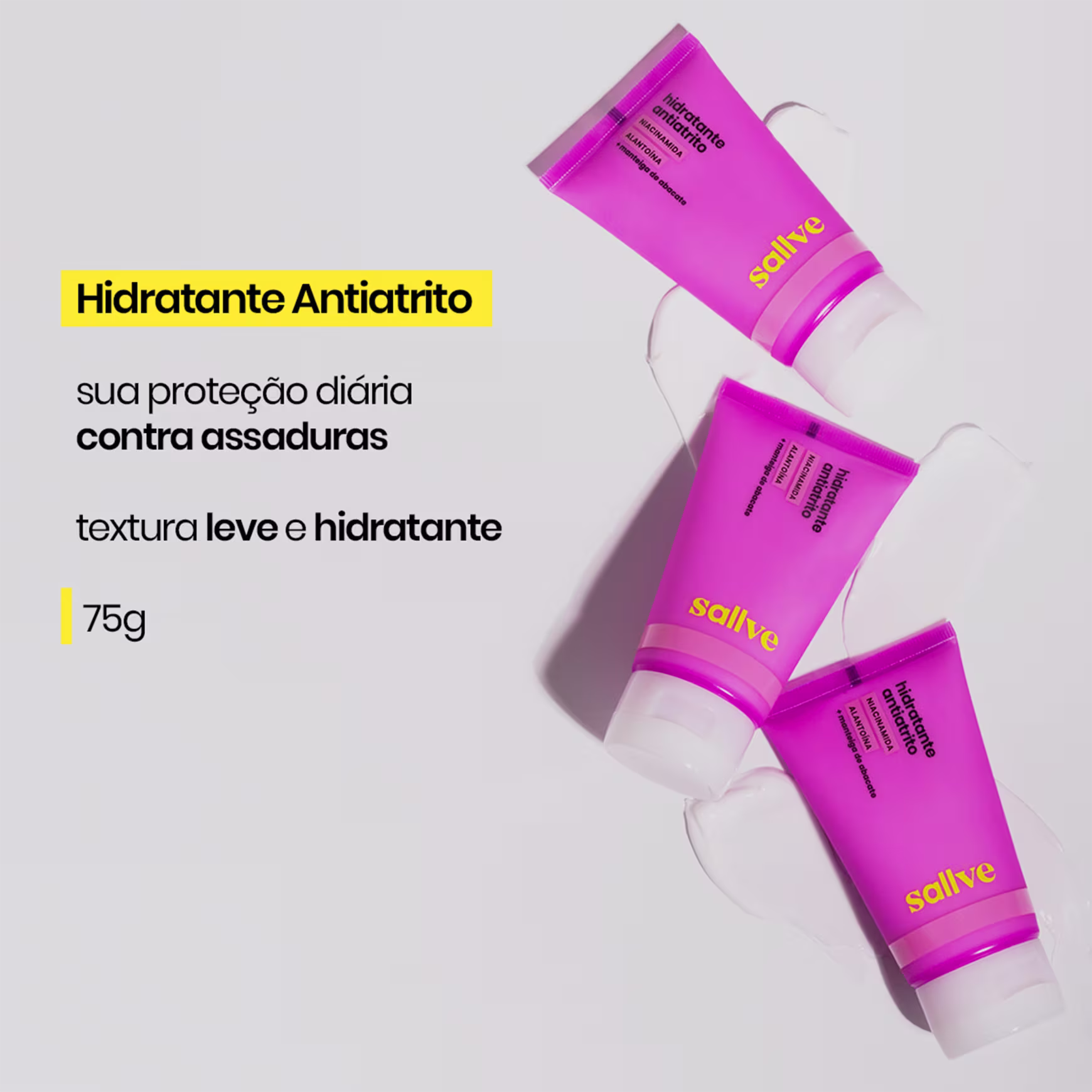 Hidratante antiatrito da marca Sallve. Texto ressalta textura leve e hidratante.