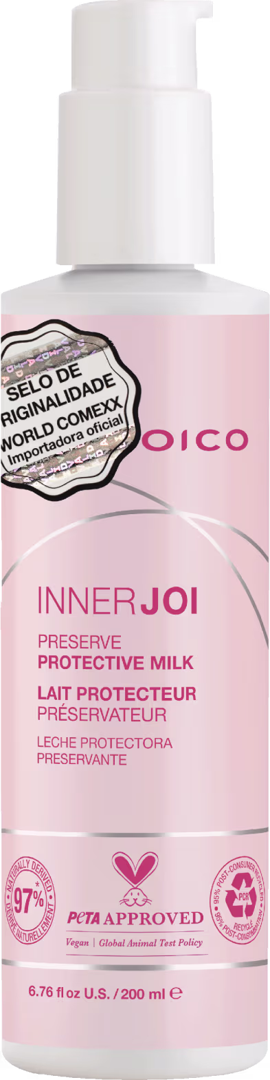 Em destaque, o Leave-in Joico InnerJoi Preserve Protective Milk (200ml) se apresenta em sua embalagem rosa com detalhes em branco e prata.