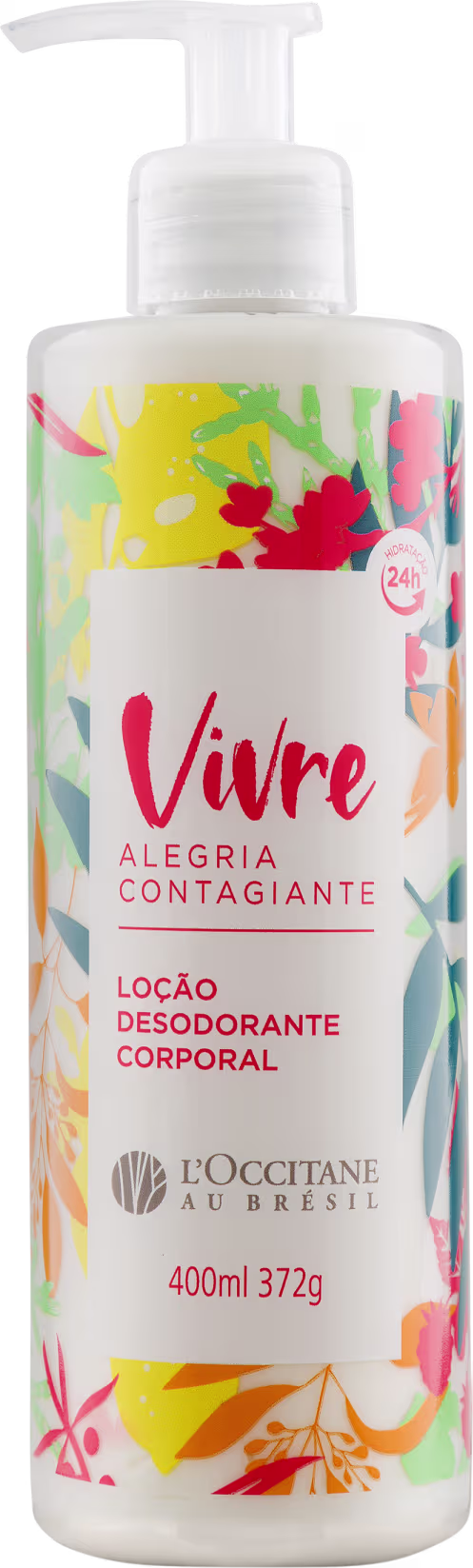 A imagem mostra a embalagem plástica branca com bomba dosadora. O rótulo da loção hidratante possui um fundo multicolorido em tons vibrantes de amarelo, vermelho, rosa e verde, com formas abstratas e salpicos de tinta.