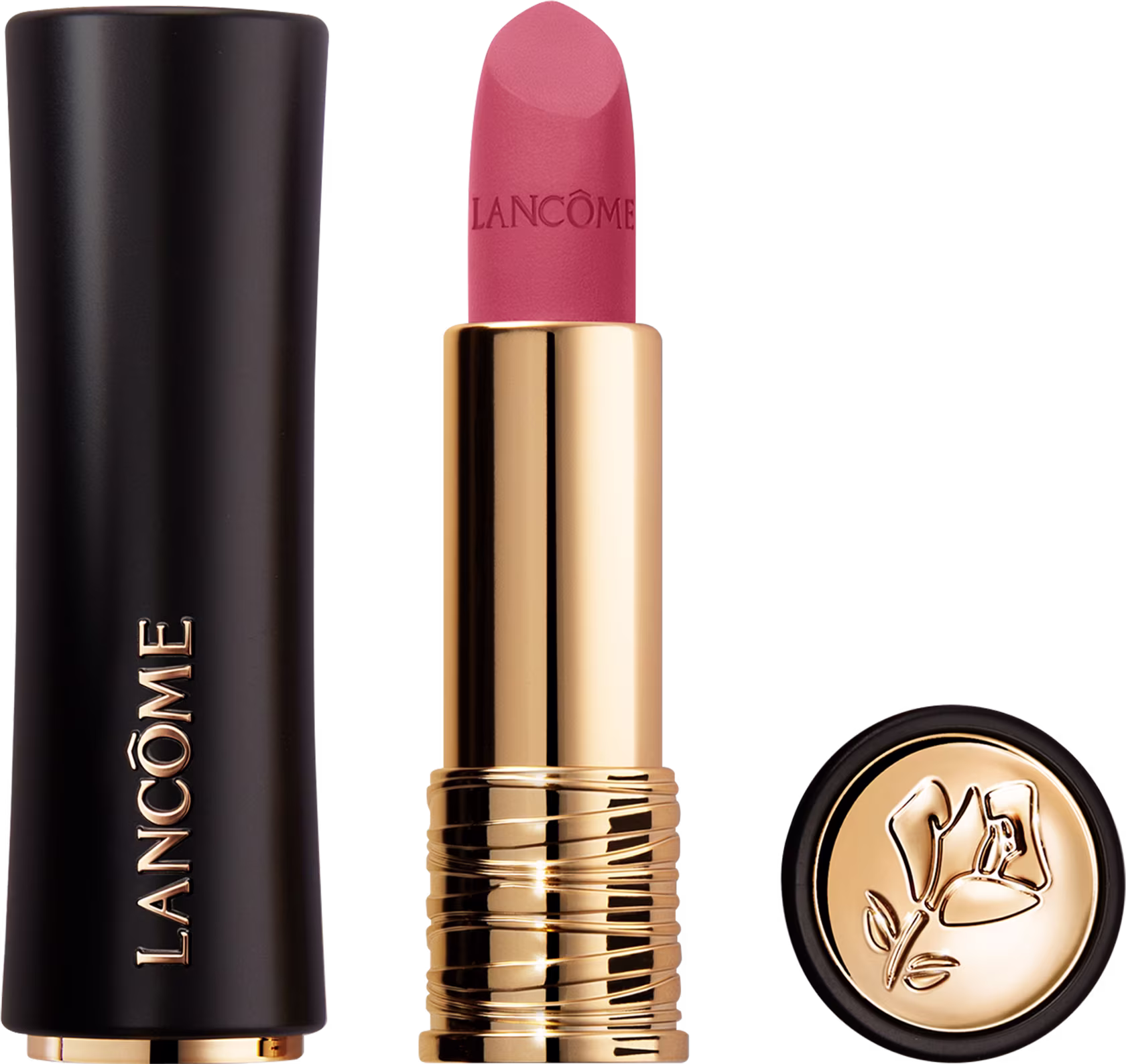 Imagem mostra 3 componentes do batom Lancôme L’Absolu Rouge Drama Matte: o tubo preto e dourado com a palavra “Lancôme” escrita na lateral, o tubo dourado contendo o batom rosa e uma tampa dourada com o logotipo da rosa da Lancôme.