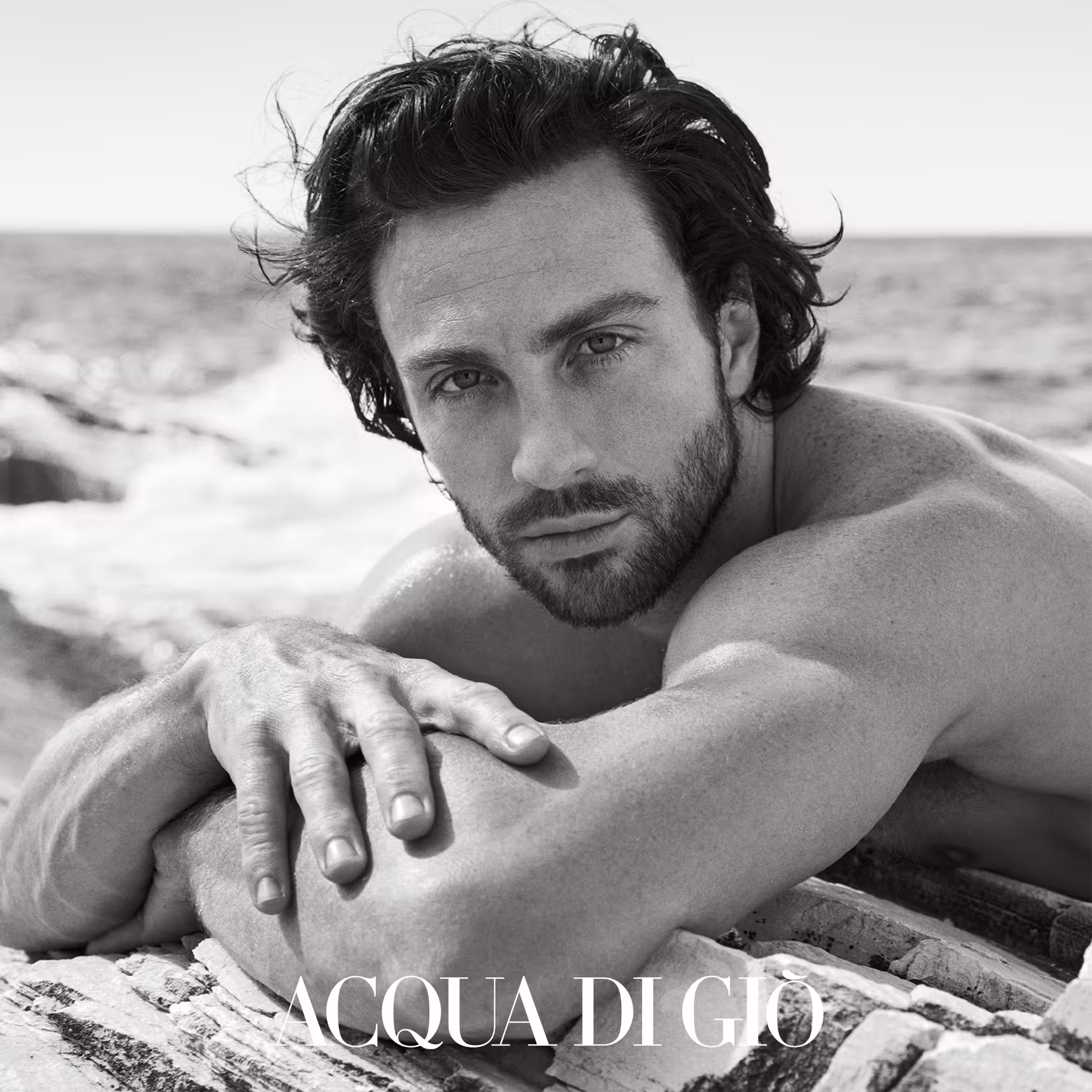 A imagem mostra uma fotografia em preto e branco de um homem branco com cabelos escuros esvoaçantes, ele está em cima de uma pedra apoiando os braços e ao fundo é possível ver o mar.