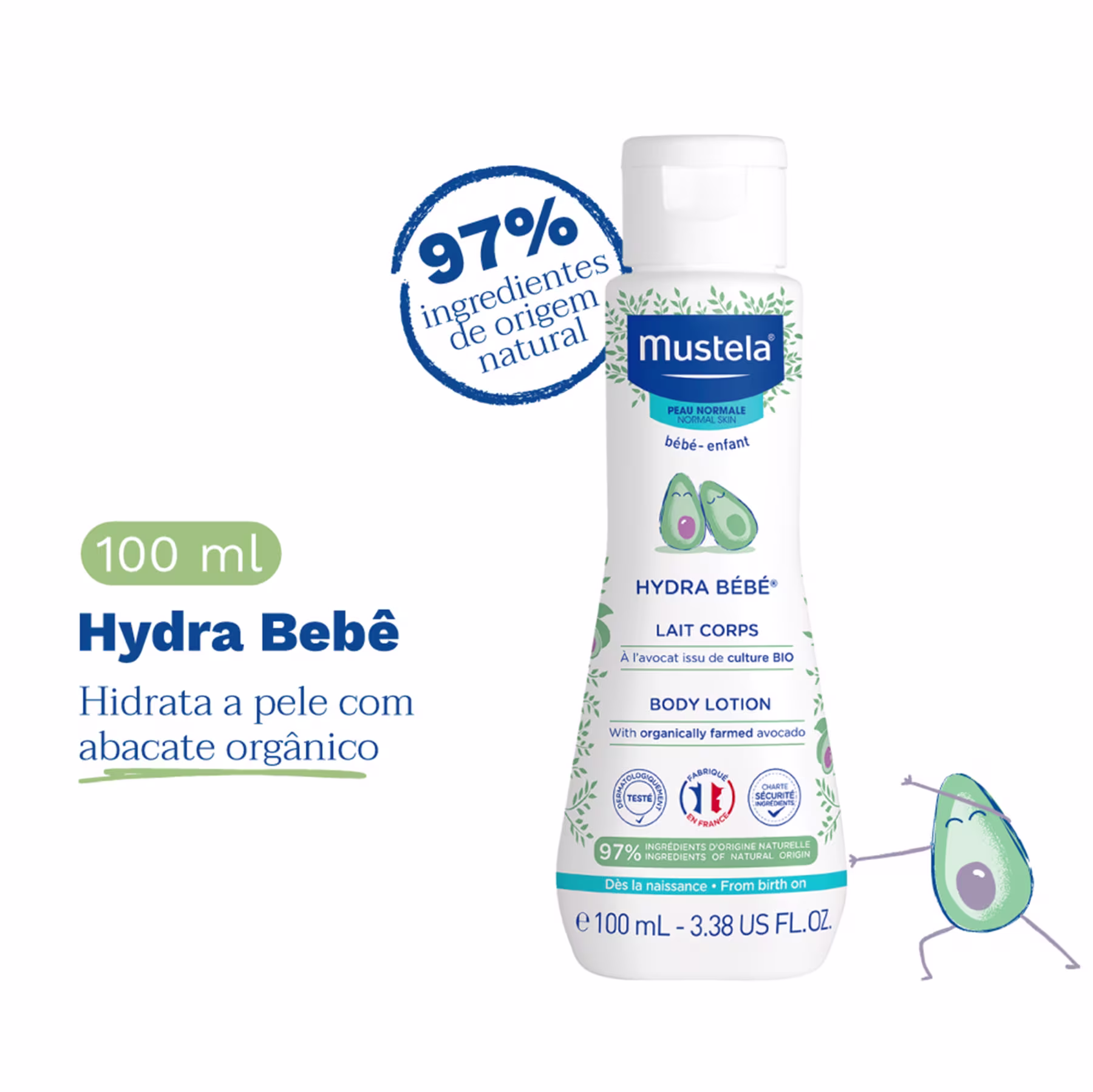 Frasco de loção corporal Hydra Bébé para bebês da Mustela. Cilíndrico, 100ml. A embalagem é predominantemente branca, com detalhes em azul e verde. Com abacate orgânico. 97% dos ingredientes são de origem natural.
