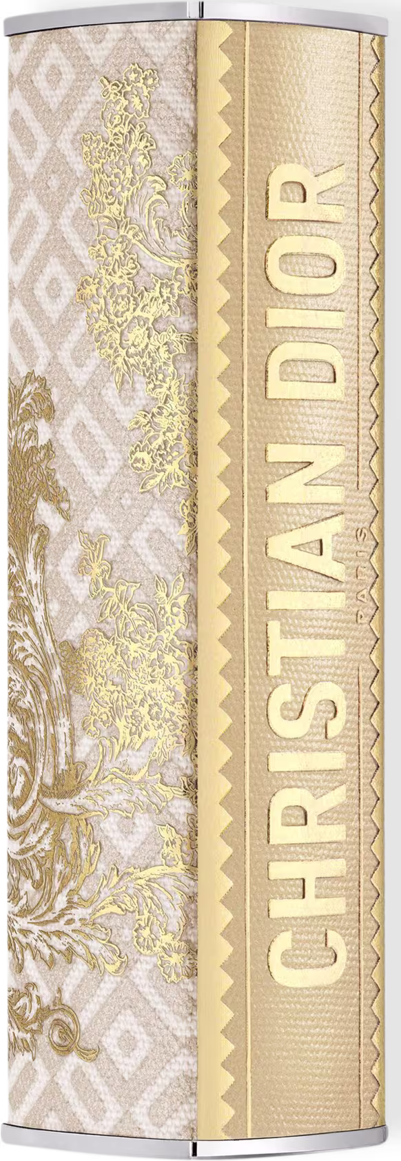 Case em formato retangular adornada com um padrão semelhante à renda nas cores branco e dourado.