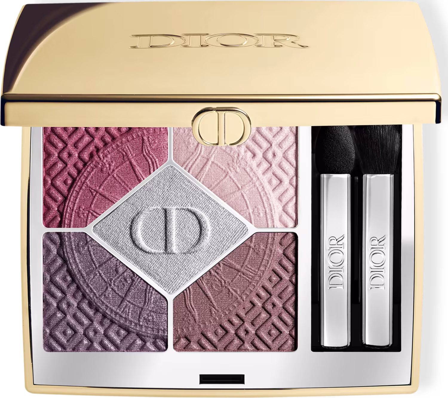 Embalagem compacta dourada com o logotipo "Dior" gravado. Interior com cinco sombras em tons de rosa, marrom e prata, dispostas em padrão geométrico. Dois aplicadores de sombra incluídos.