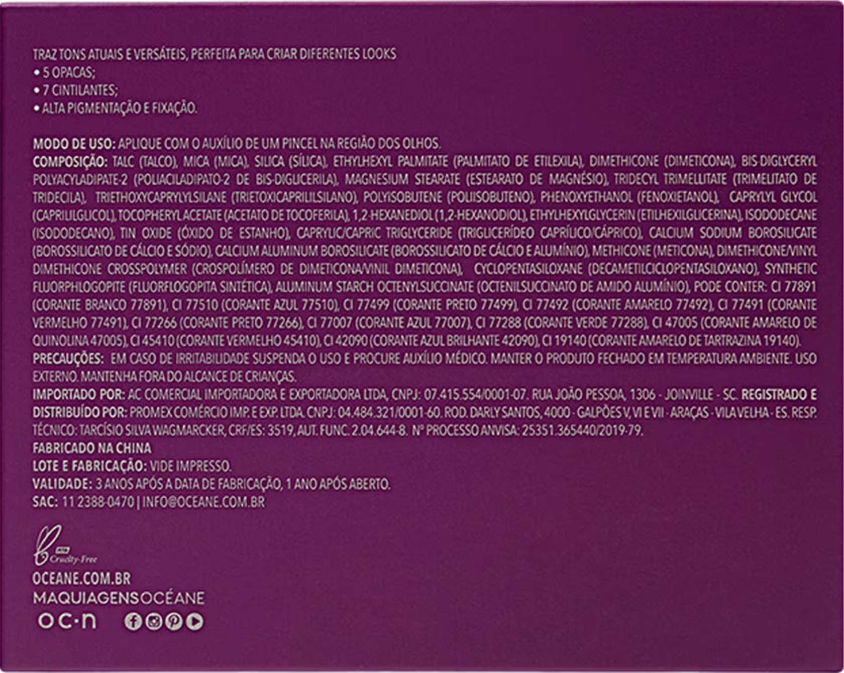 A imagem mostra a parte de trás da embalagem da paleta, com informações técnicas sobre os tons, modo de uso, composição, precauções, etc.