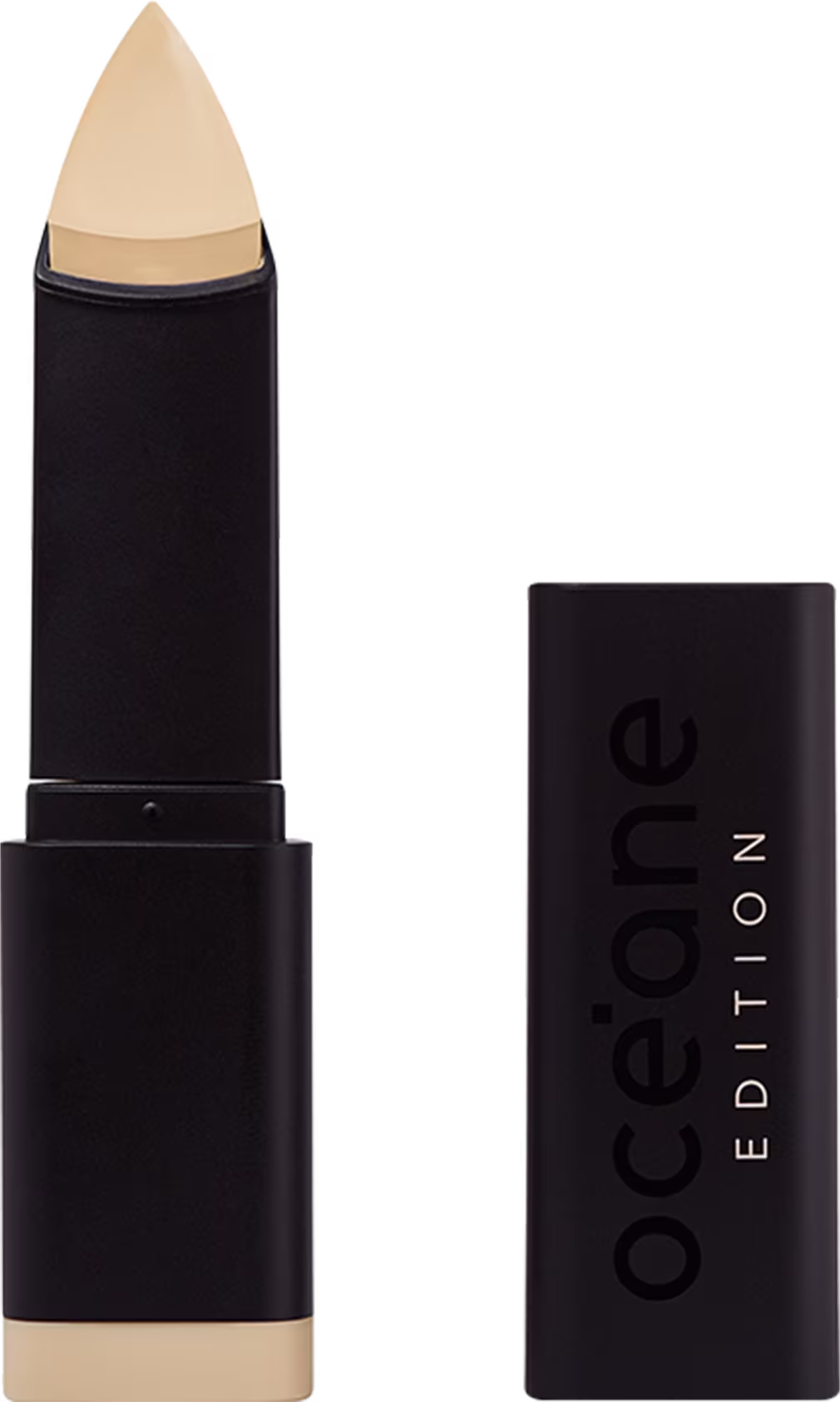 A imagem mostra a Base em Bastão Océane Edition Foundation Stick: embalagem preta com o logotipo "Océane Edition" impresso em relevo na parte frontal. A base tem formato triangular.