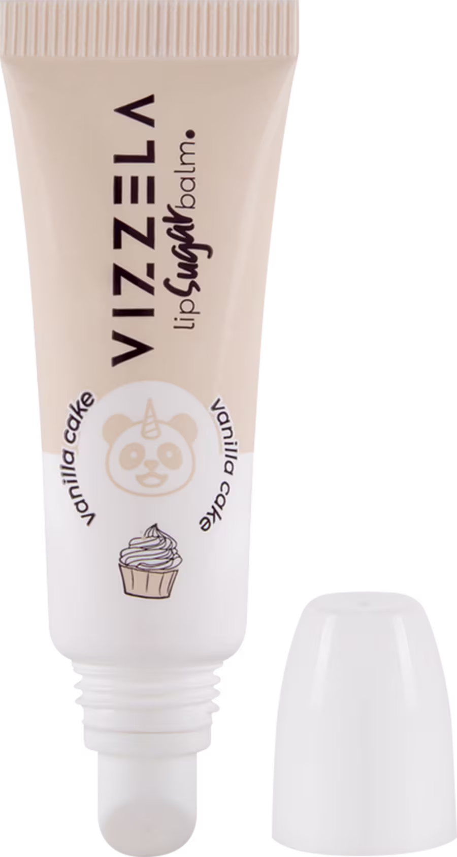 A imagem mostra uma embalagem de balm labial metade branca, inclusive a tampa e metade bege.