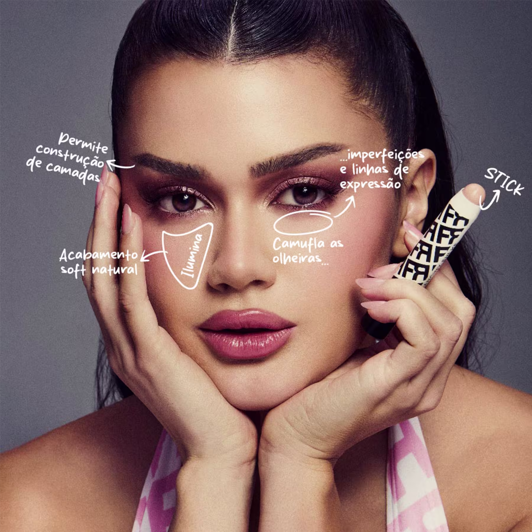 A imagem mostra uma modelo usando o corretivo e sua ação na pele.