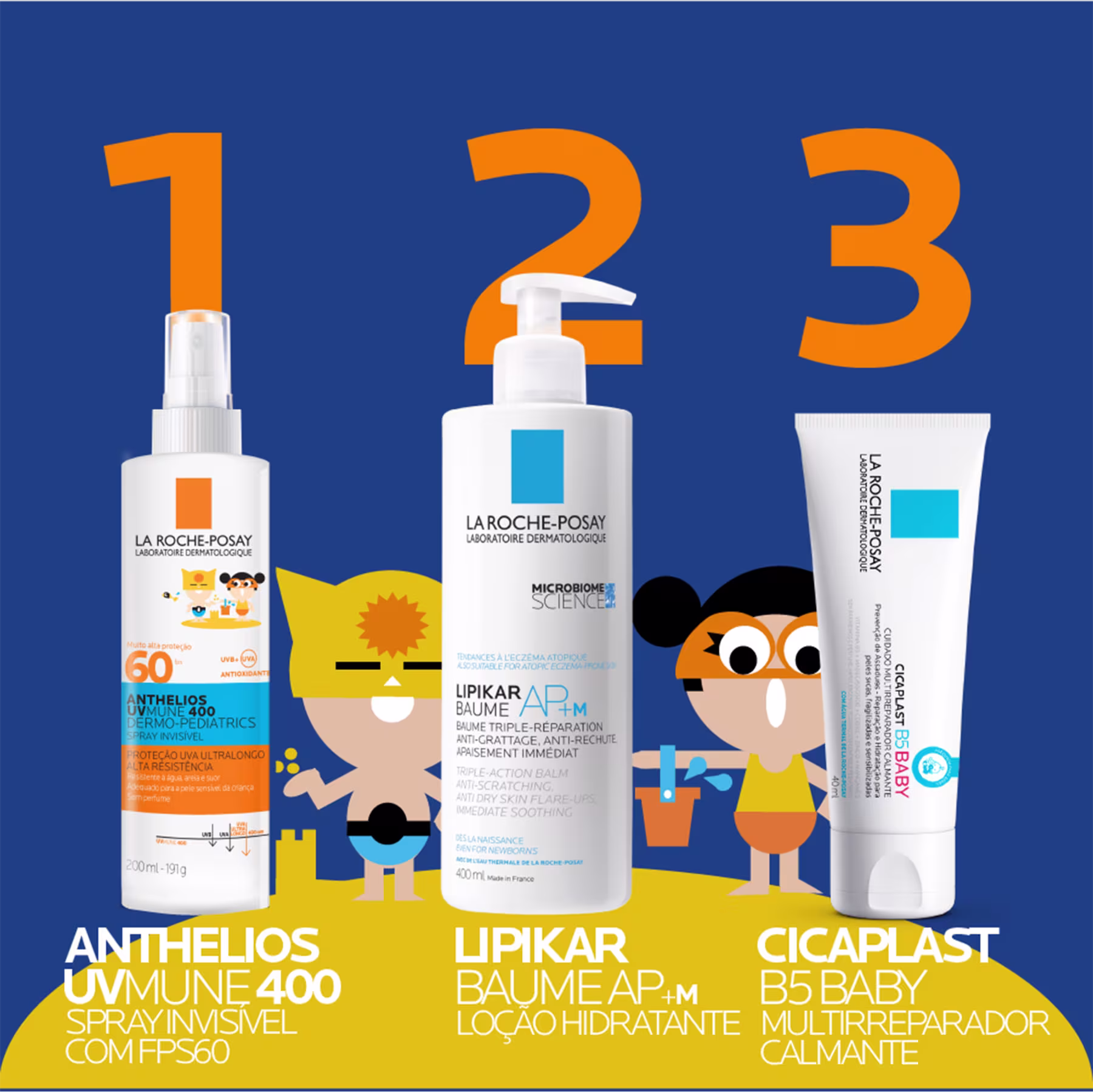 A imagem mostra uma rotina de cuidados com a pele sendo o protetor solar o passo 1, o hidratante passo 2 e o multireparador calmante passo 3.