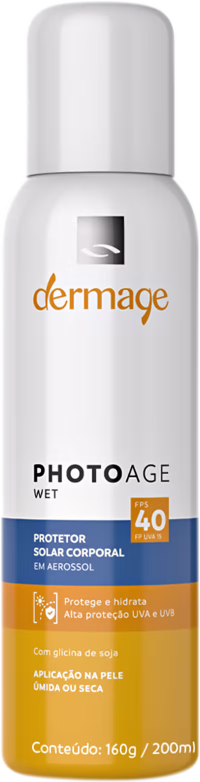 A imagem mostra um protetor solar corporal em Aerossol com embalagem amarela, azul e branca e tampa branca.