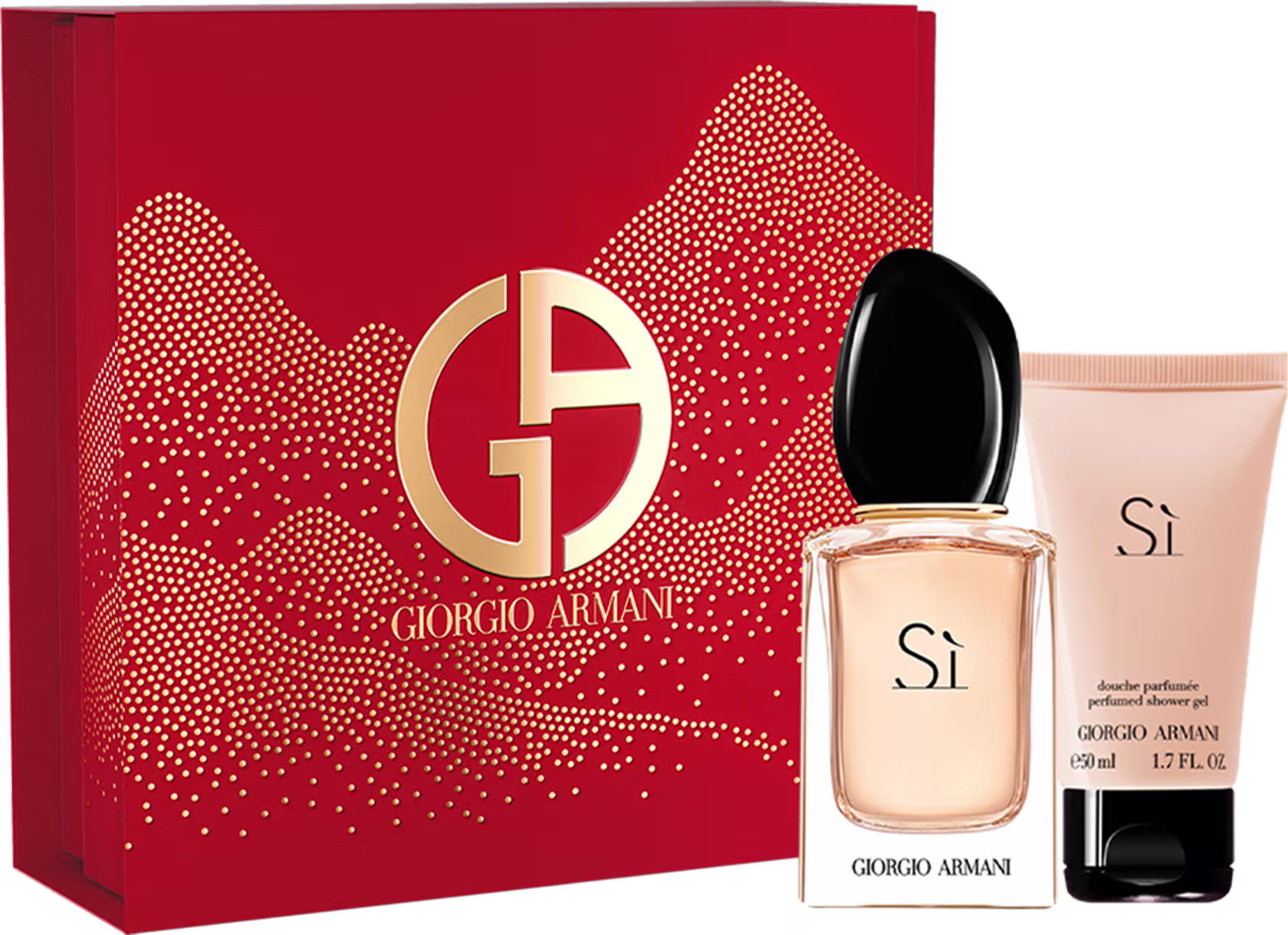 Conjunto de perfume com frasco de perfume retangular transparente com líquido bege e tampa preta. Caixa vermelha com detalhes dourados e padrão de pontos. Gel de banho em embalagem plástica de tubo rosa e tampa preta.