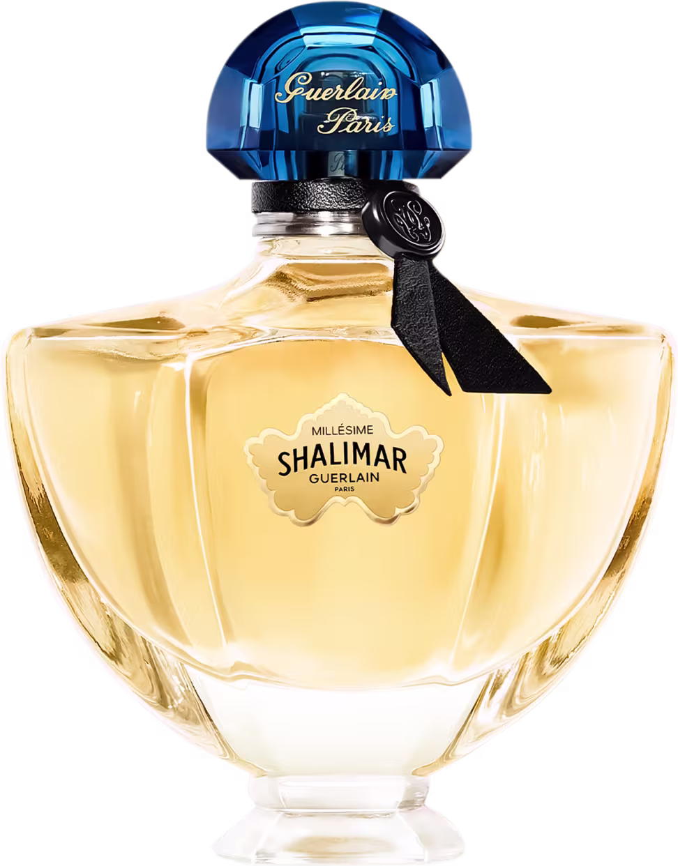 A imagem mostra um frasco de perfume arredondado com tampa azul.