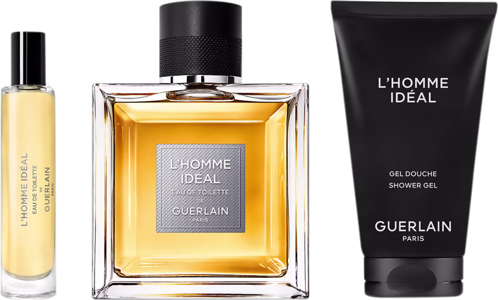 A imagem mostra um frasco de 10ml travel size de perfume, um frasco de 100ml de perfume, quadrado, transparente com tampa preta e um shower gel em bisnaga preto de 75ml com a mesma fragrância do perfume.