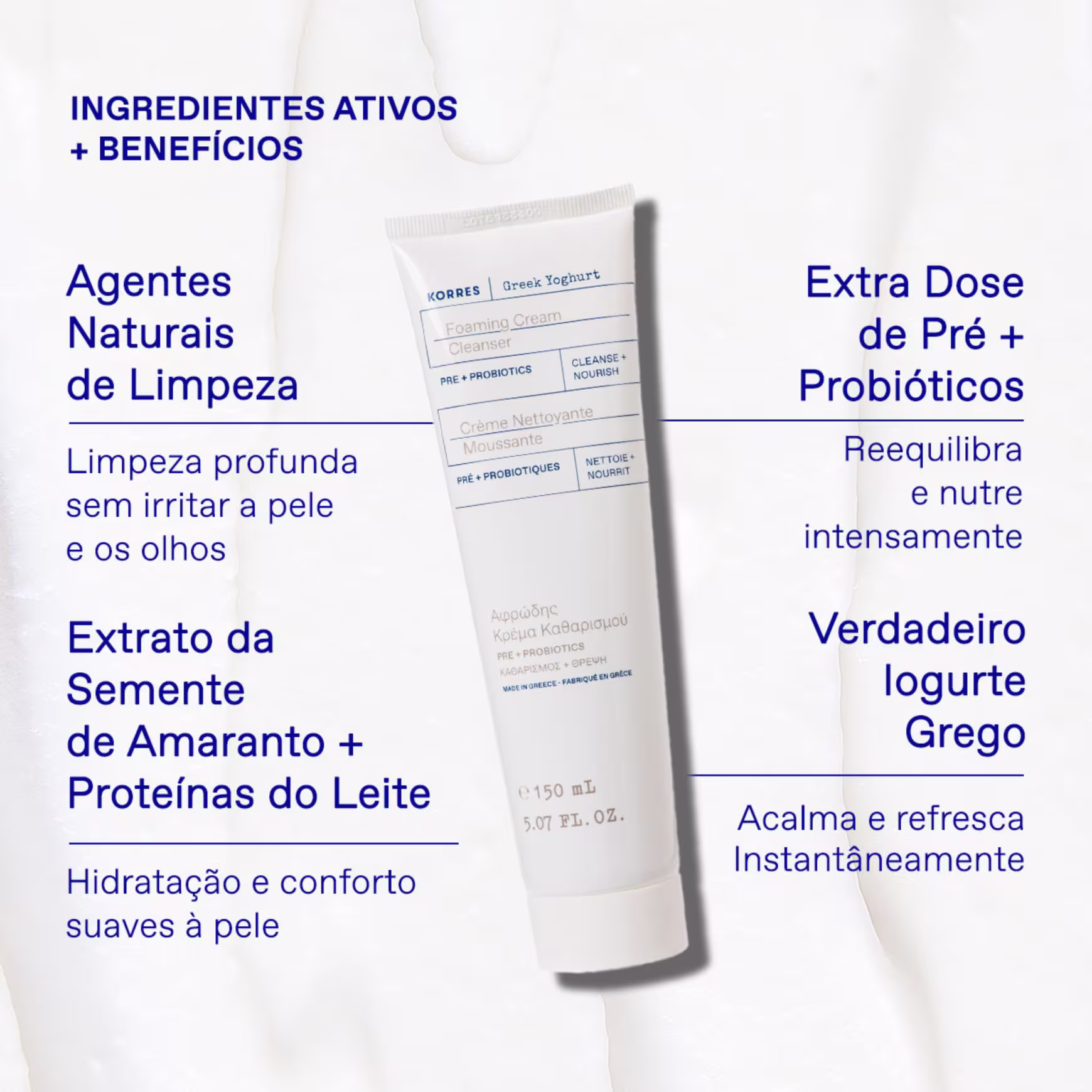 A imagem mostra o produto no centro da imagem e ao lado em tom azul os benefícios e ingredientes do produto,