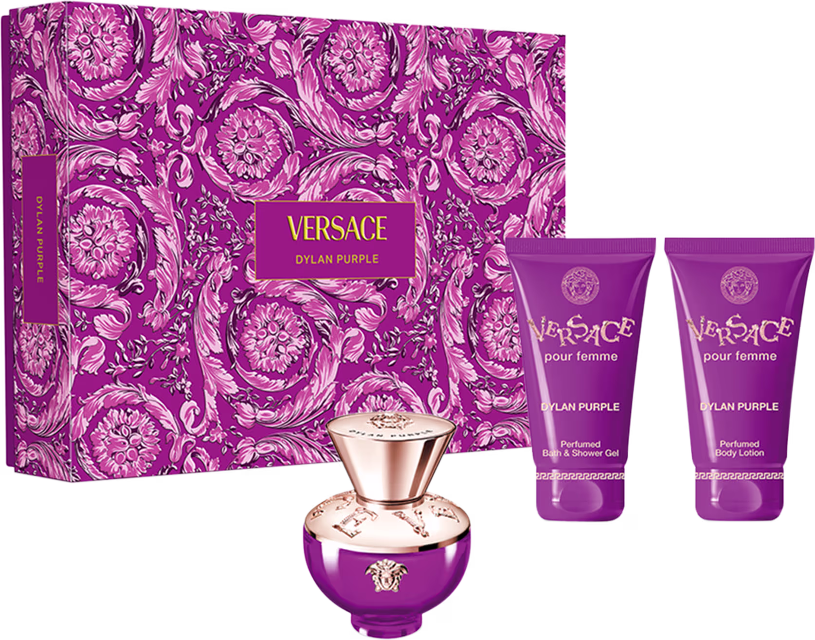 A imagem mostra uma caixa decorativa roxa com estampa floral detalhada. Frasco de perfume arredondado em vidro roxo com detalhes dourados na tampa. Dois tubos de loção corporal e gel de banho roxos com o logotipo Versace.