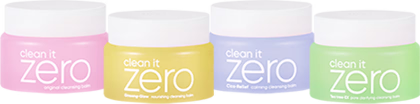 A imagem mostra quatro potes de produtos de beleza da marca Banila Co. Cada pote possui uma tampa branca e um corpo colorido em tons de rosa, amarelo, azul e verde. Os rótulos dos potes exibem a frase "Clean it zero" em letras brancas.