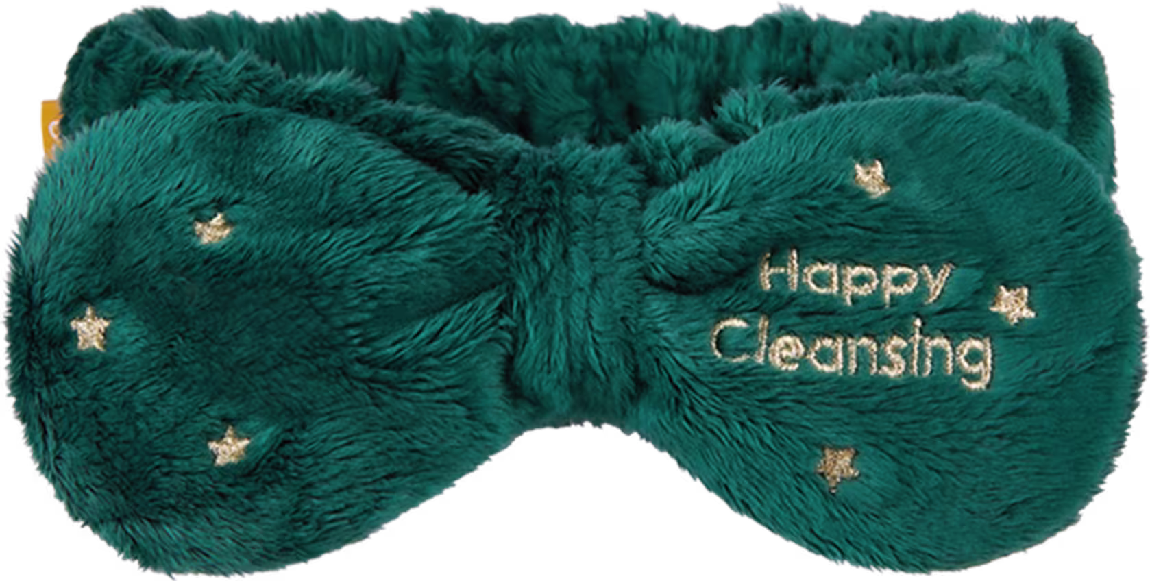 O produto apresentado é uma faixa de cabelo felpuda da marca Banila Co. Possui cor verde-esmeralda, com pequenos detalhes dourados em forma de estrelas. A embalagem exibe o texto "Happy Cleansing" bordado em dourado.