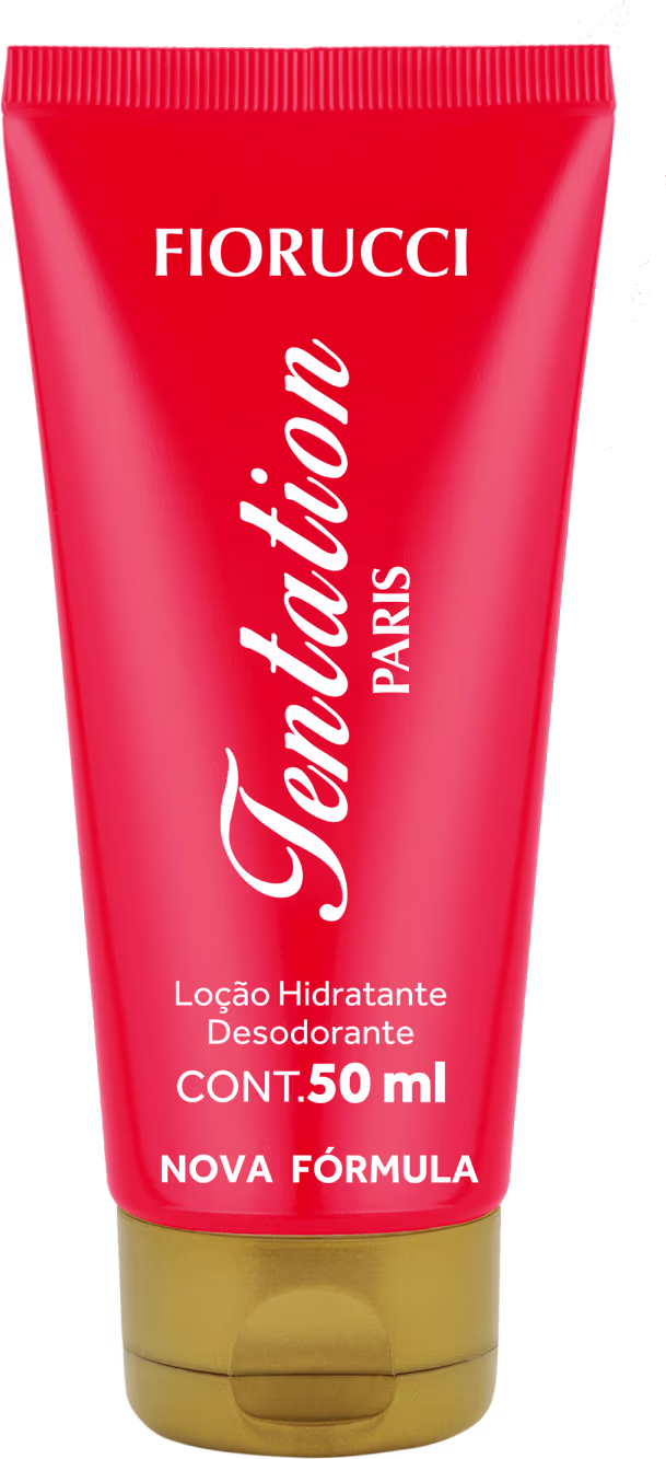 A imagem mostra uma embalagem tipo bisnaga, toda vermelha, com tampa dourada.