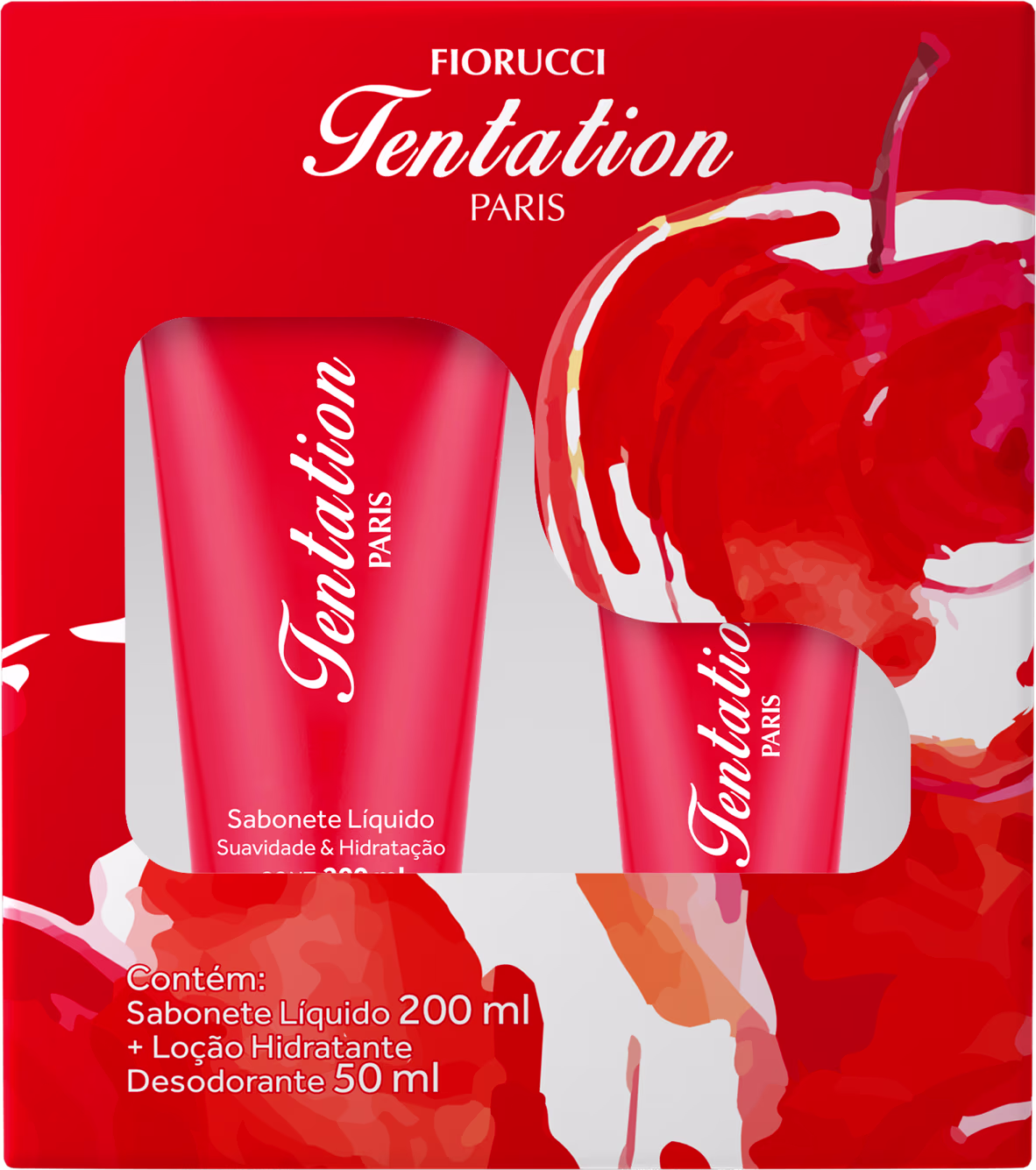 A imagem mostra uma caixa vermelha com detalhes brancos. Dentro dela, um sabonete líquido e uma loção hidratante desodorante, ambas em embalagem tipo bisnaga, toda vermelha, com tampa dourada.