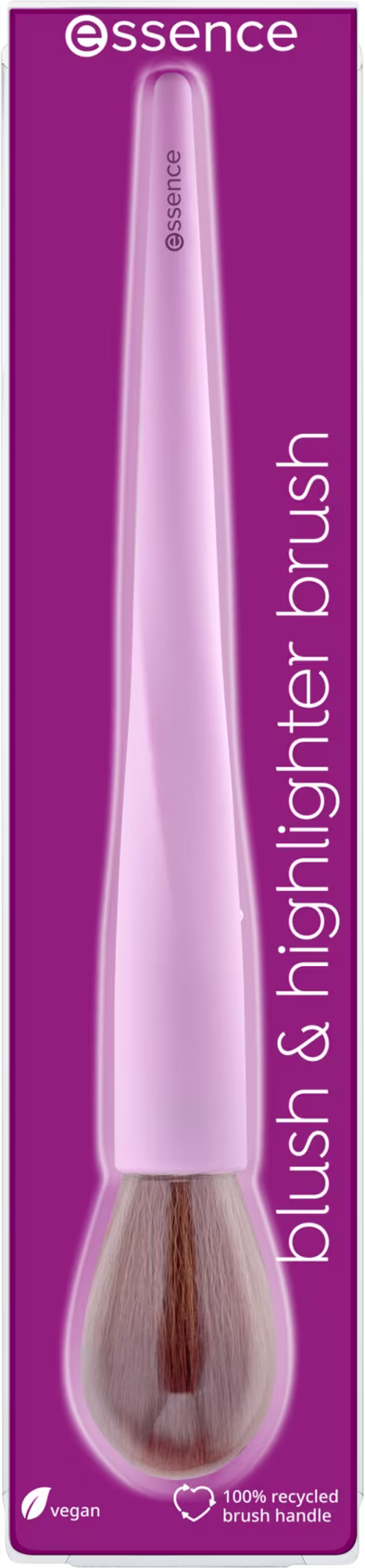 Rótulo com o nome do produto "brush & highlighter brush" e o logotipo da marca Essence. Símbolos indicando que é um produto vegano e que o cabo é 100% reciclado.