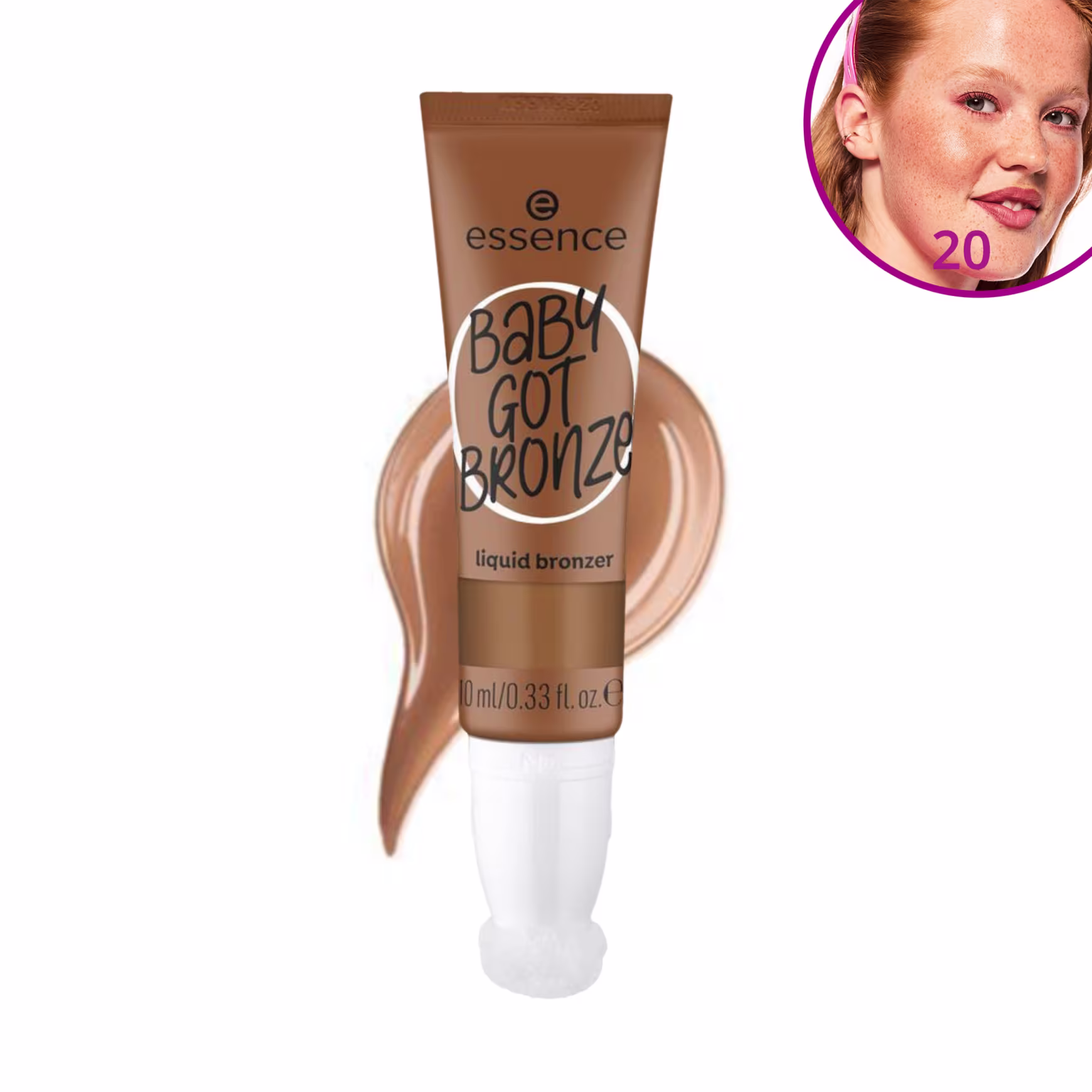 Embalagem do produto com uma "pincelada" do bronzer ao fundo. No lado superior, uma imagem circular mostra uma mulher loira sorrindo, com o número "20" indicando a numeração do produto.