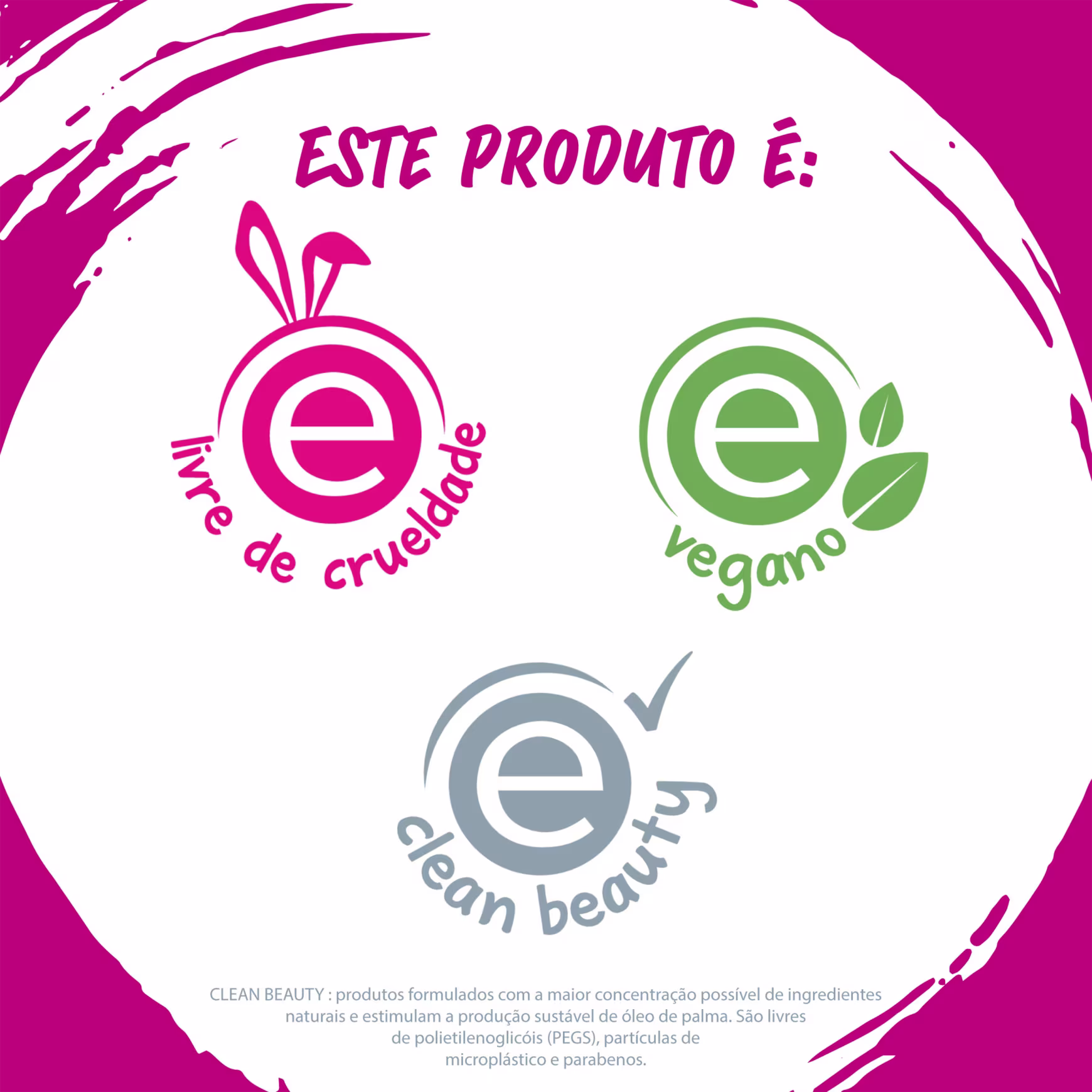 Este é um rótulo ou selo de produto que indica as certificações de crueldade não testada em animais ("livre de crueldade"), vegano e "clean beauty" (beleza limpa ou natural).