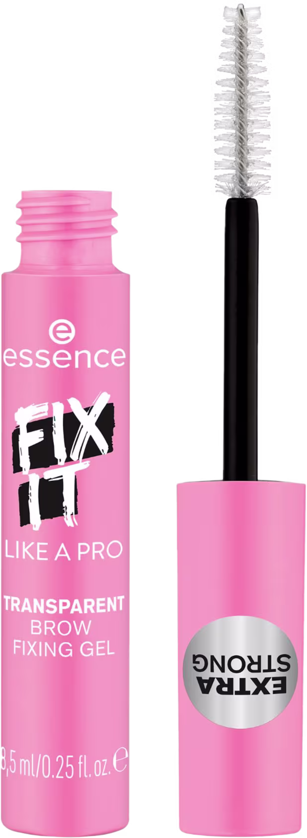 Produto de maquiagem para sobrancelhas da marca Essence. Um frasco transparente rosa com o rótulo "Fix It Like a Pro Transparent Brow Fixing Gel" contendo gel fixador transparente para sobrancelhas.