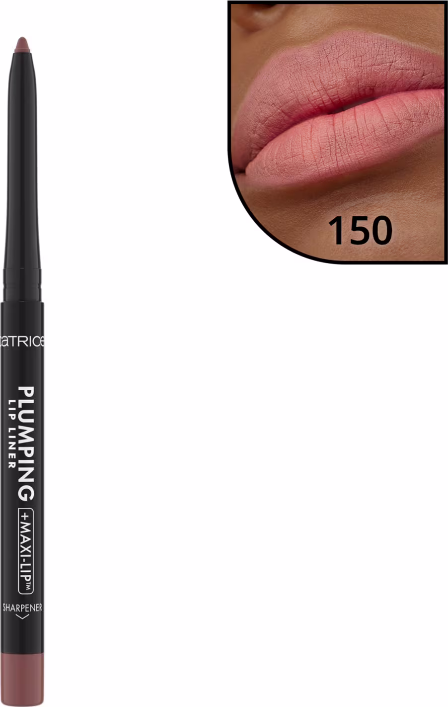 Imagem do lápis destampado. Na parte de cima uma boca com lábios na cor marrom claro e o número 150.