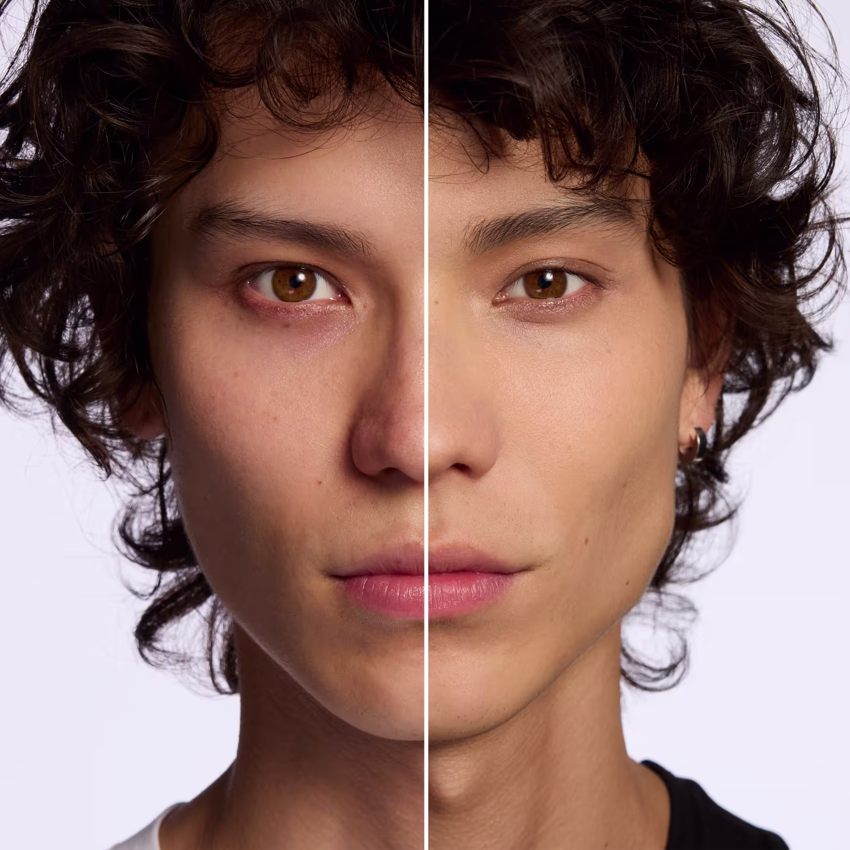 Modelo com antes e depois da pele com e sem pó solto.