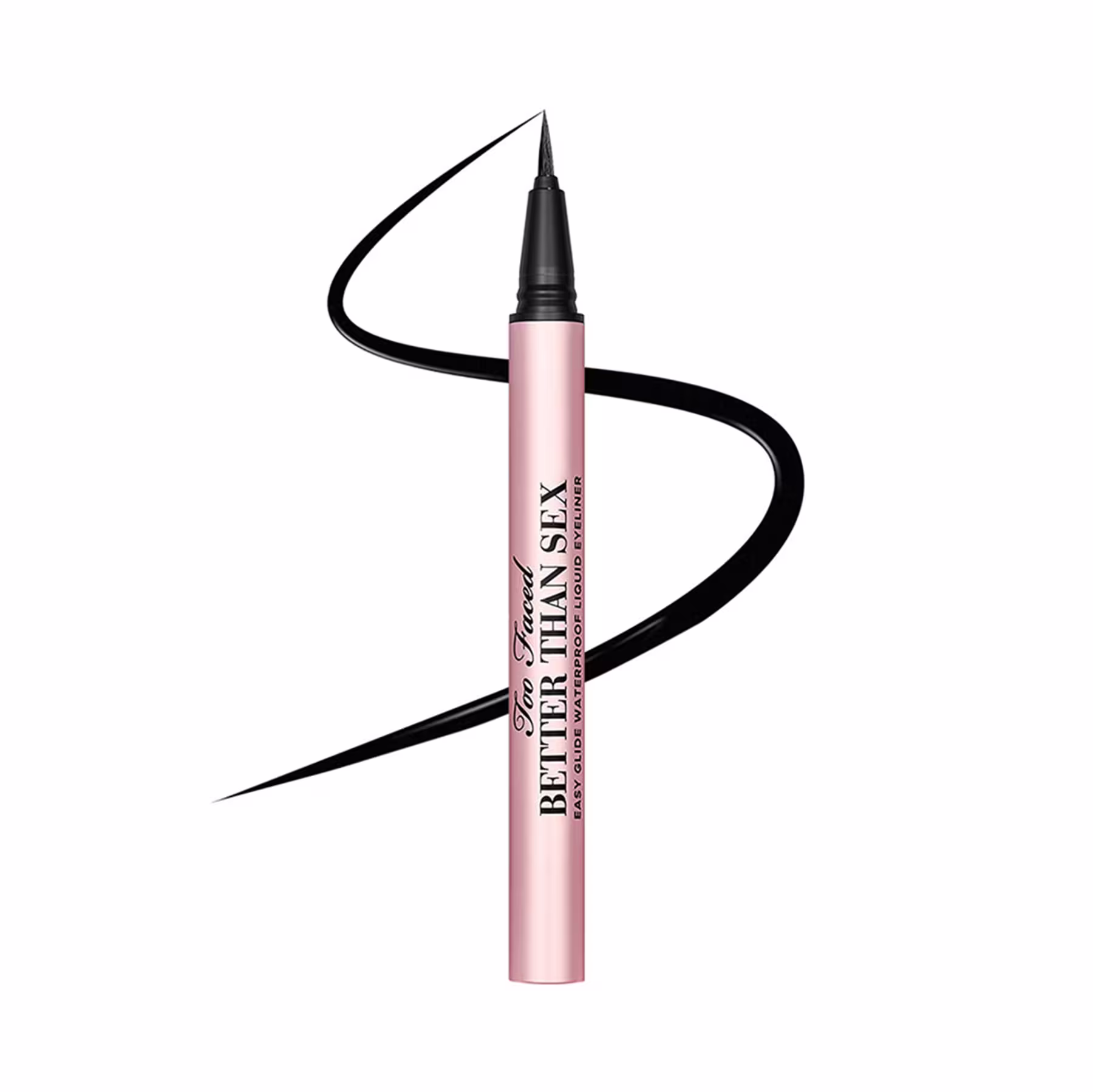 Imagem do delineador destampado e um traçado preto ao redor, mostrando a pigmentação do produto.