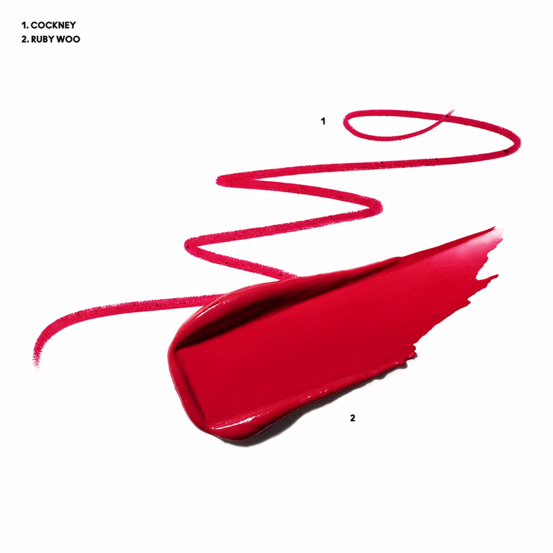 A imagem traz duas amostras, uma do batom, outra do lápis em tons vermelhos.
