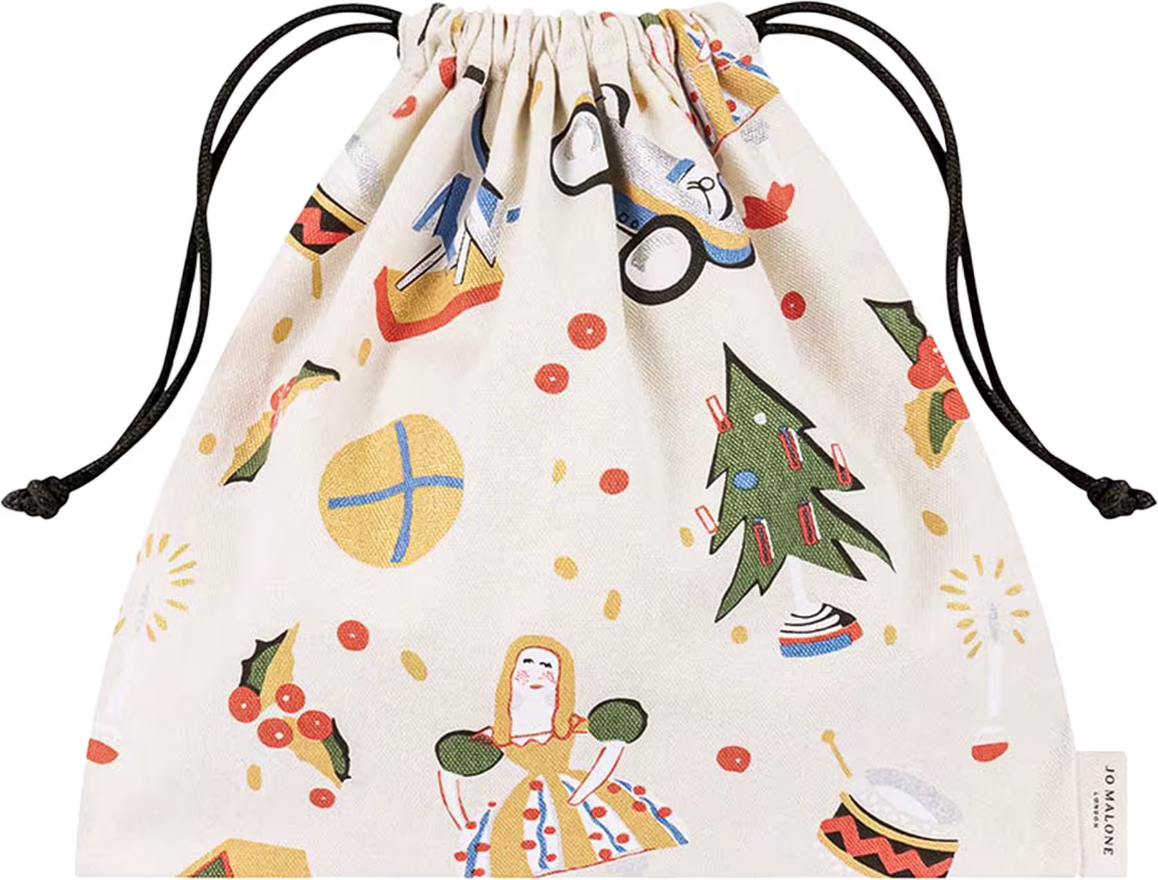 A imagem mostra um saco de cordão de pano com um padrão alegre e colorido. O tecido é branco com ilustrações que lembram o clima natalino. As estampadas possuem tons de amarelo, verde, azul e laranja.